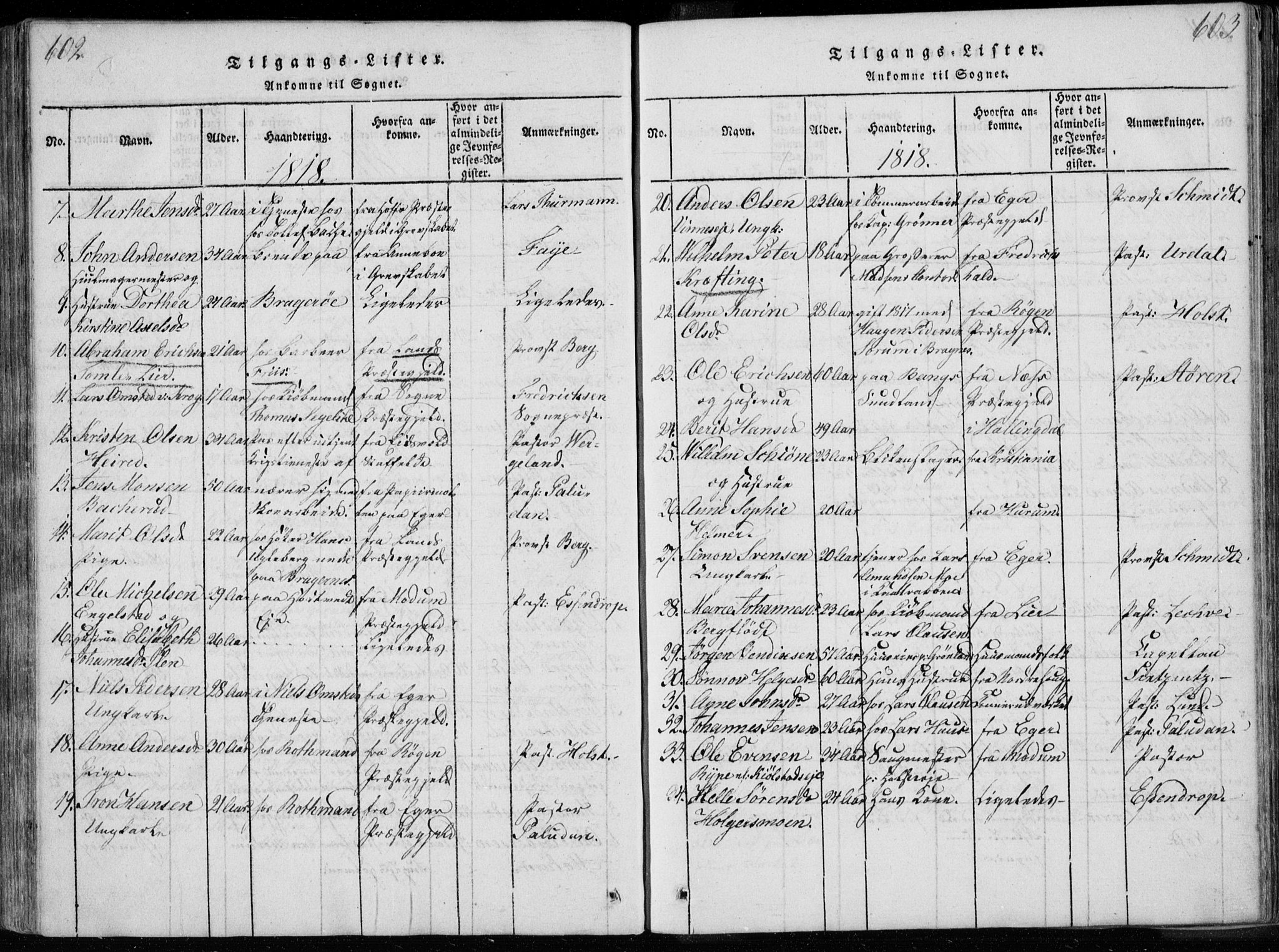 Bragernes kirkebøker, AV/SAKO-A-6/F/Fa/L0007: Parish register (official) no. I 7, 1815-1829, p. 602-603