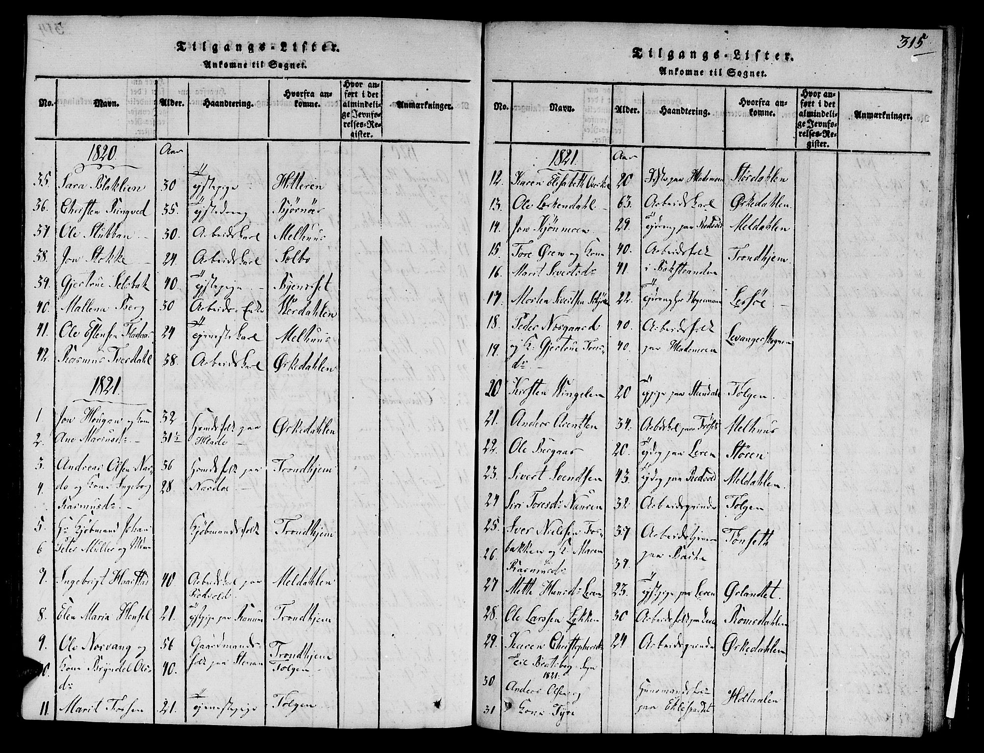 Ministerialprotokoller, klokkerbøker og fødselsregistre - Sør-Trøndelag, AV/SAT-A-1456/606/L0283: Parish register (official) no. 606A03 /1, 1818-1823, p. 315