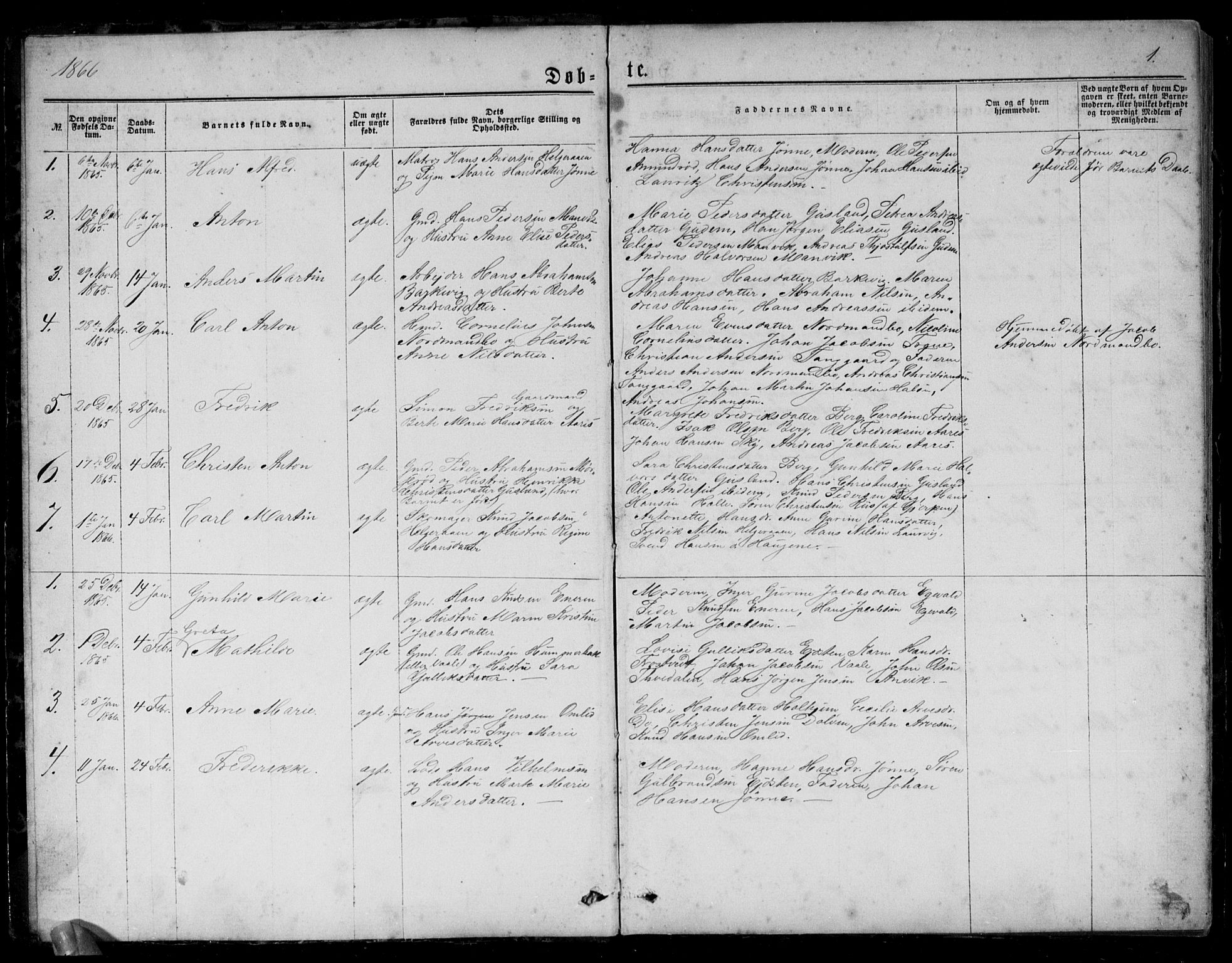 Brunlanes kirkebøker, SAKO/A-342/G/Gb/L0001: Parish register (copy) no. II 1, 1866-1877, p. 1