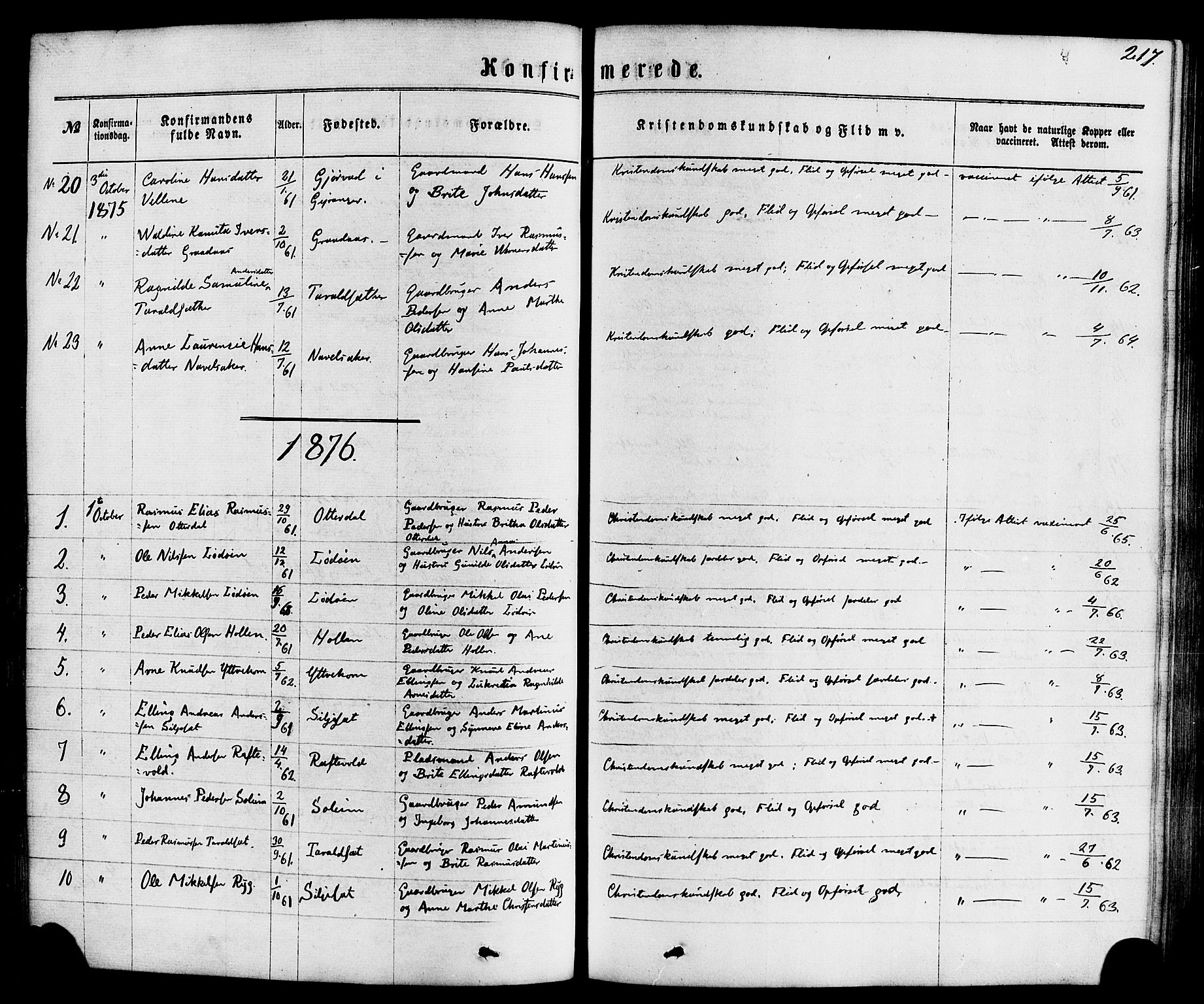 Hornindal sokneprestembete, SAB/A-82401/H/Haa/Haaa/L0002: Parish register (official) no. A 2, 1867-1884, p. 217