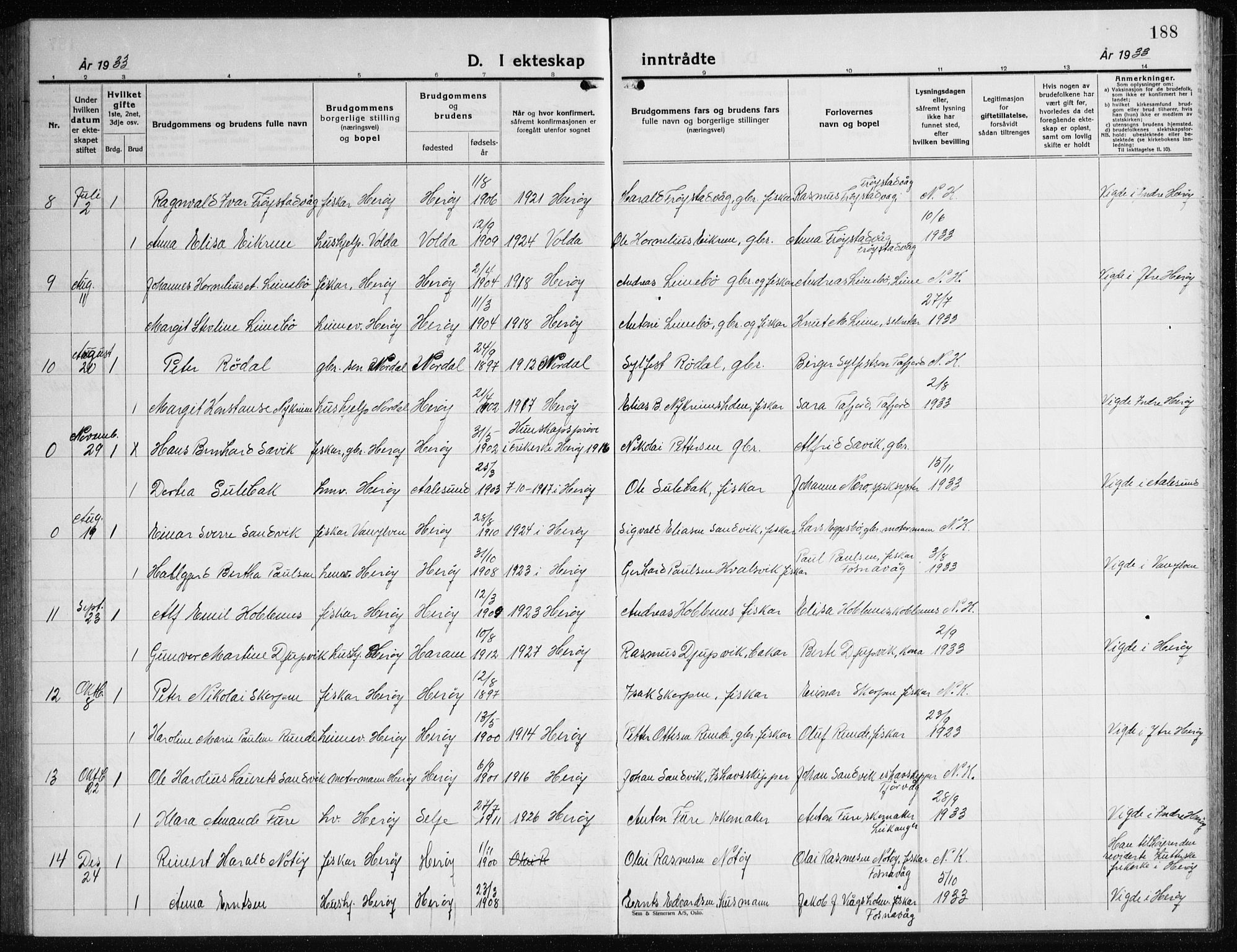 Ministerialprotokoller, klokkerbøker og fødselsregistre - Møre og Romsdal, AV/SAT-A-1454/507/L0085: Parish register (copy) no. 507C08, 1933-1944, p. 188