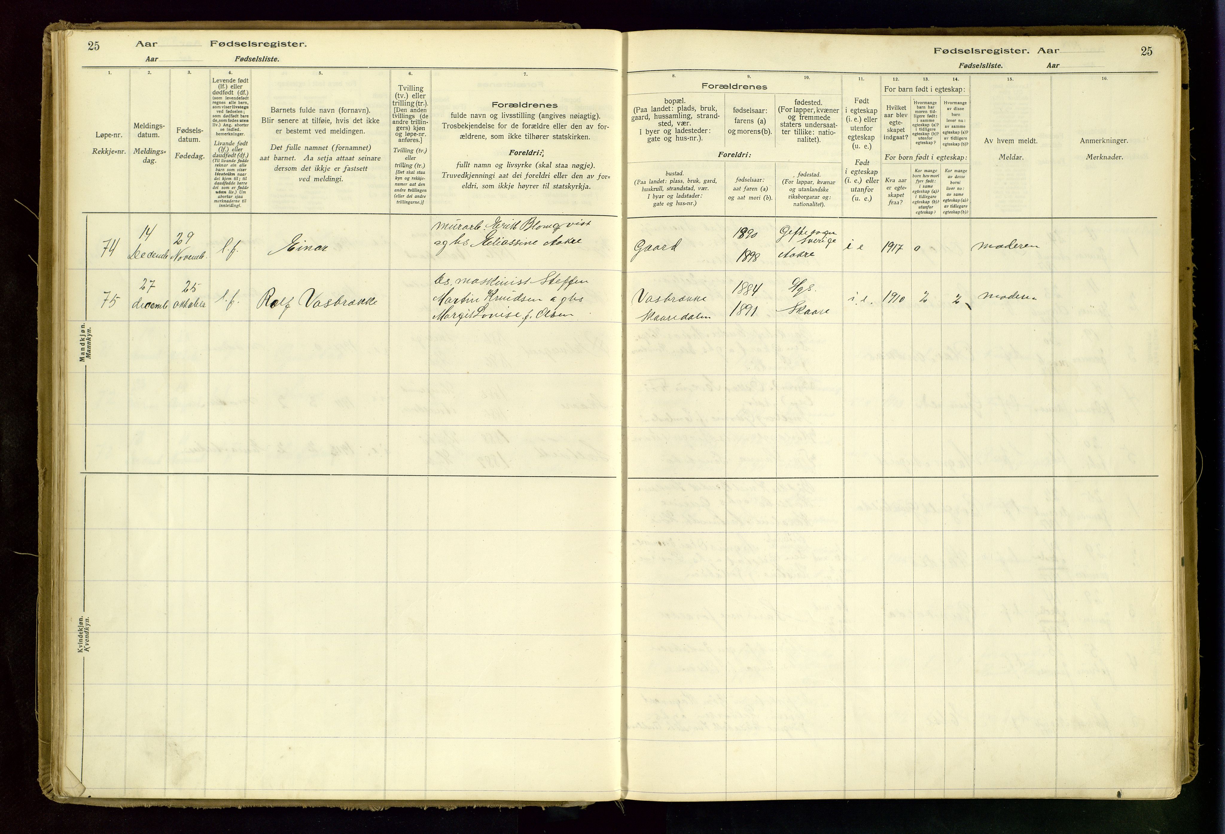 Haugesund sokneprestkontor, AV/SAST-A -101863/I/Id/L0001: Birth register no. 1, 1916-1935, p. 25