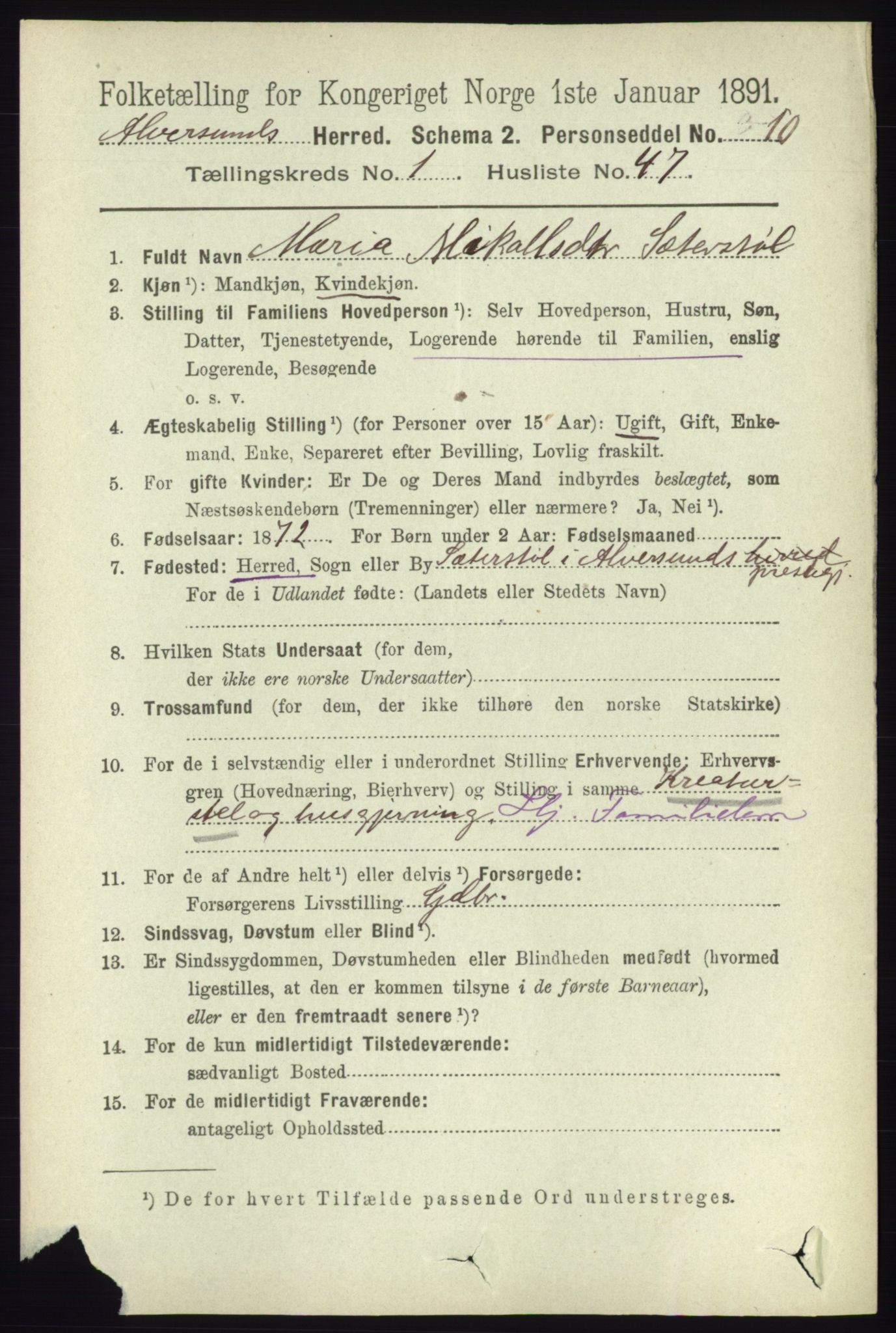 RA, 1891 census for 1257 Alversund, 1891, p. 375