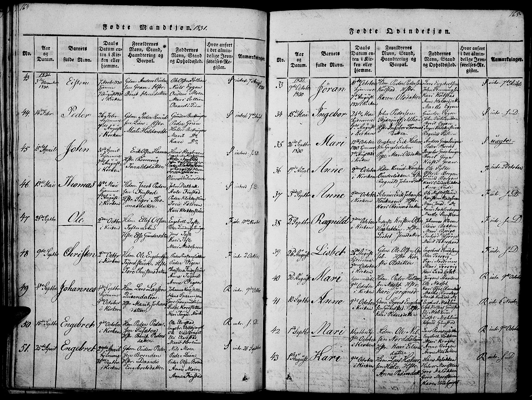 Ringebu prestekontor, AV/SAH-PREST-082/H/Ha/Haa/L0004: Parish register (official) no. 4, 1821-1839, p. 164-165