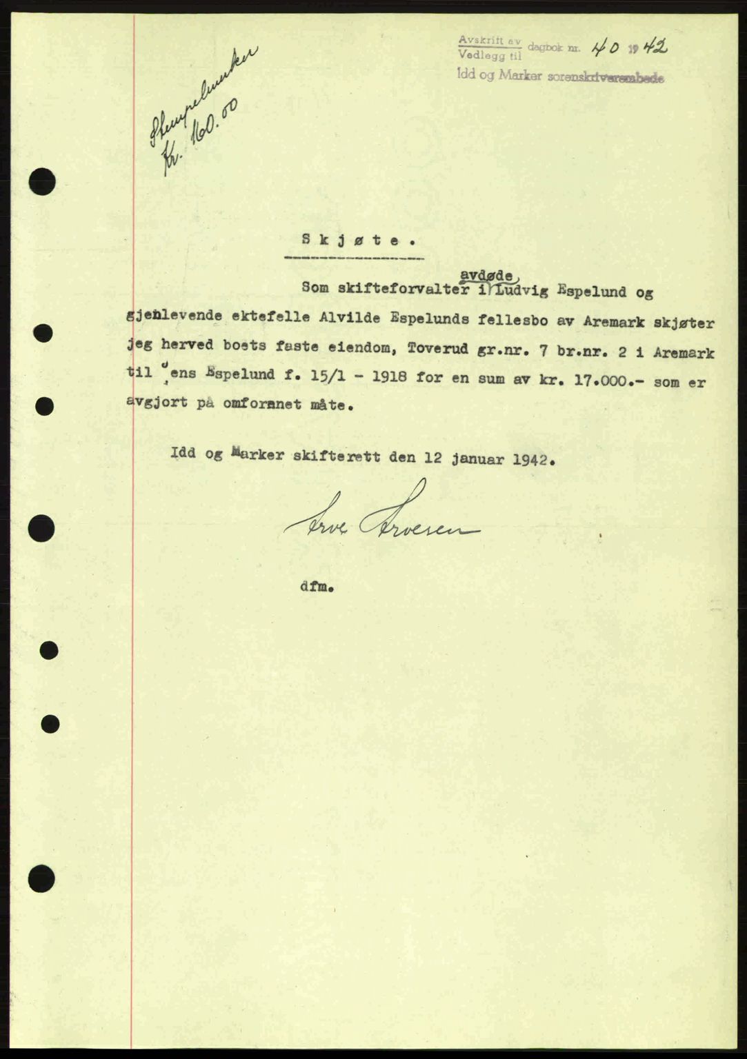 Idd og Marker sorenskriveri, AV/SAO-A-10283/G/Gb/Gbb/L0005: Mortgage book no. A5, 1941-1943, Diary no: : 40/1942