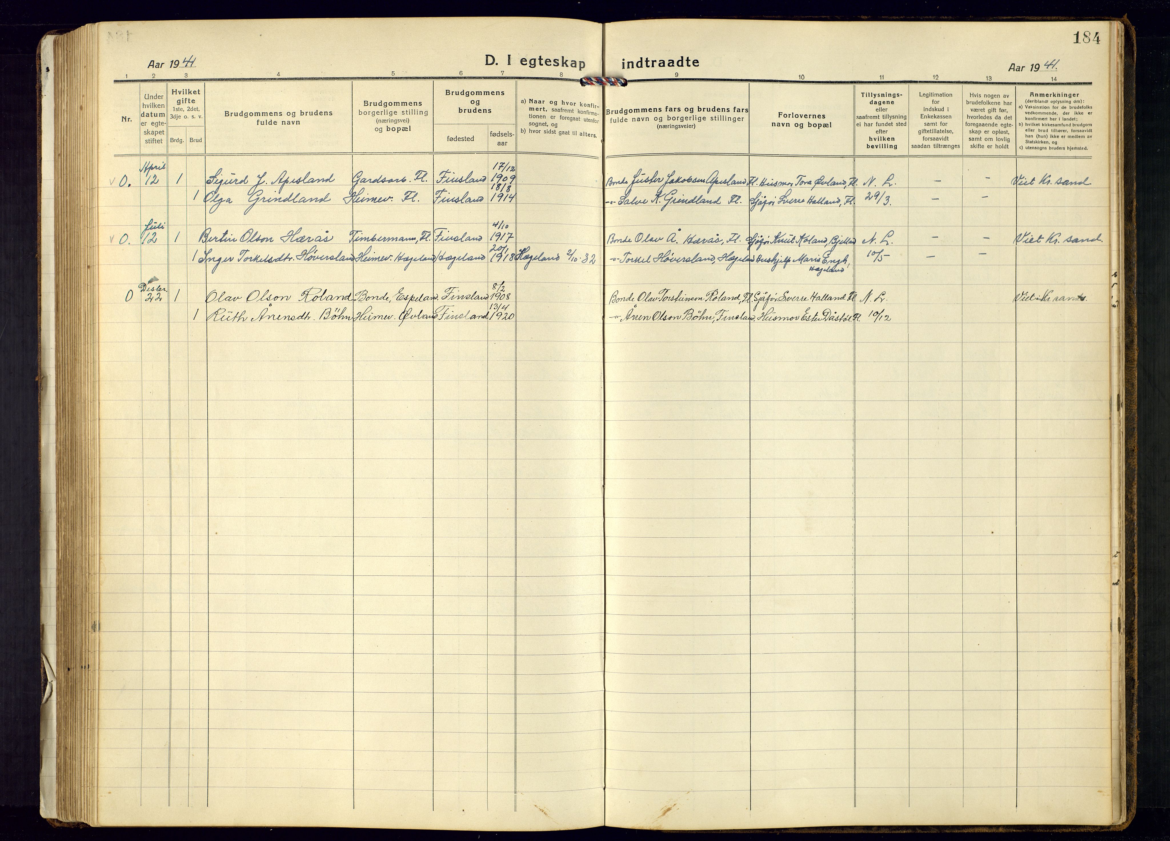 Bjelland sokneprestkontor, AV/SAK-1111-0005/F/Fb/Fbb/L0006: Parish register (copy) no. B-6, 1918-1946, p. 184