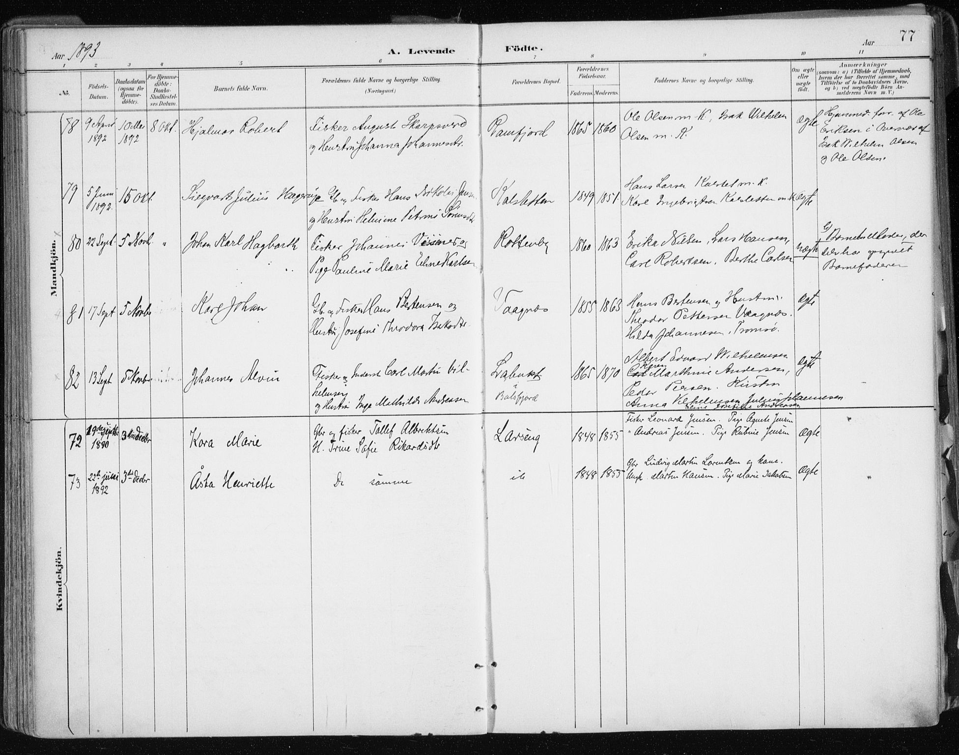 Tromsøysund sokneprestkontor, AV/SATØ-S-1304/G/Ga/L0005kirke: Parish register (official) no. 5, 1888-1896, p. 77