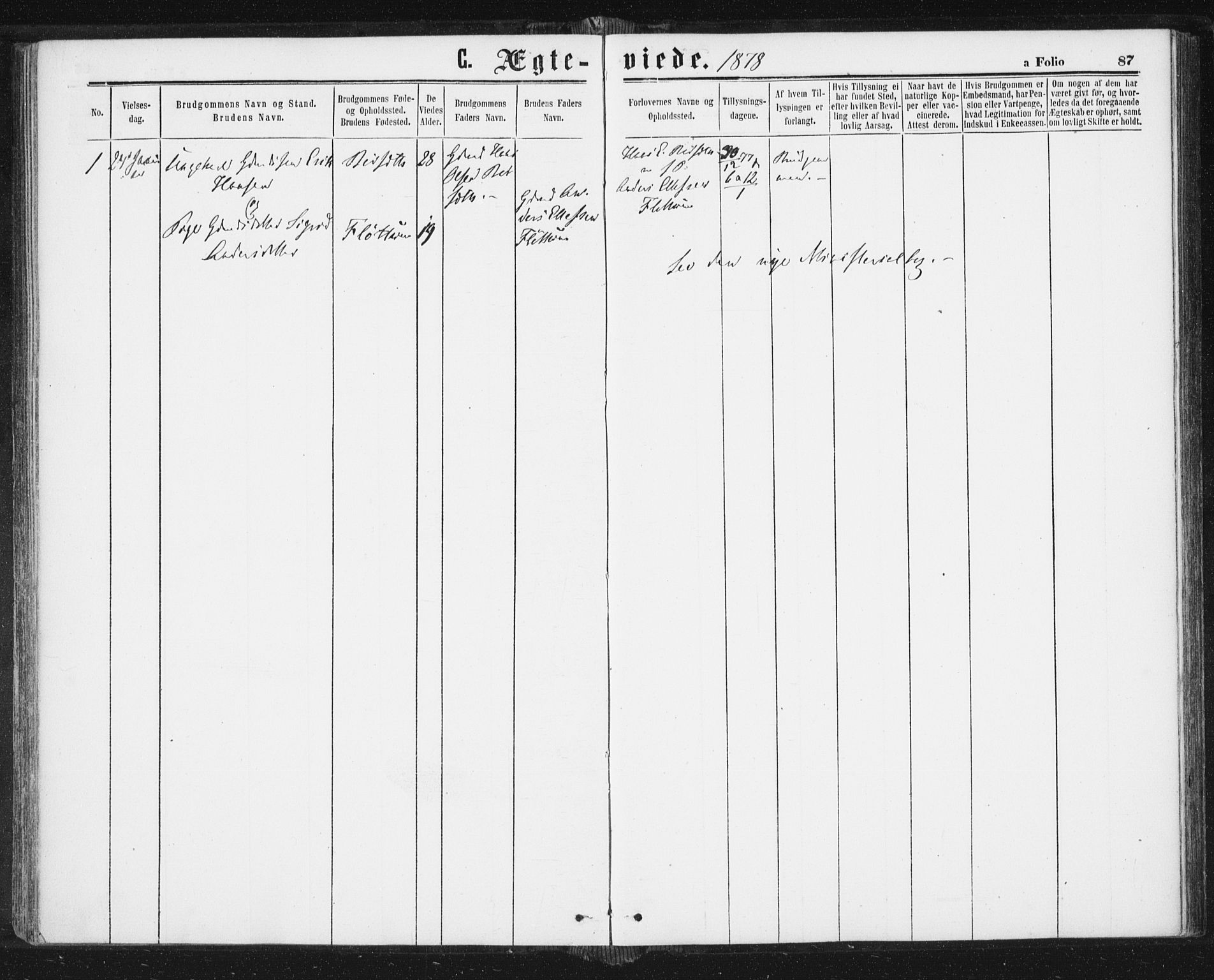 Ministerialprotokoller, klokkerbøker og fødselsregistre - Sør-Trøndelag, SAT/A-1456/689/L1039: Parish register (official) no. 689A04, 1865-1878, p. 87
