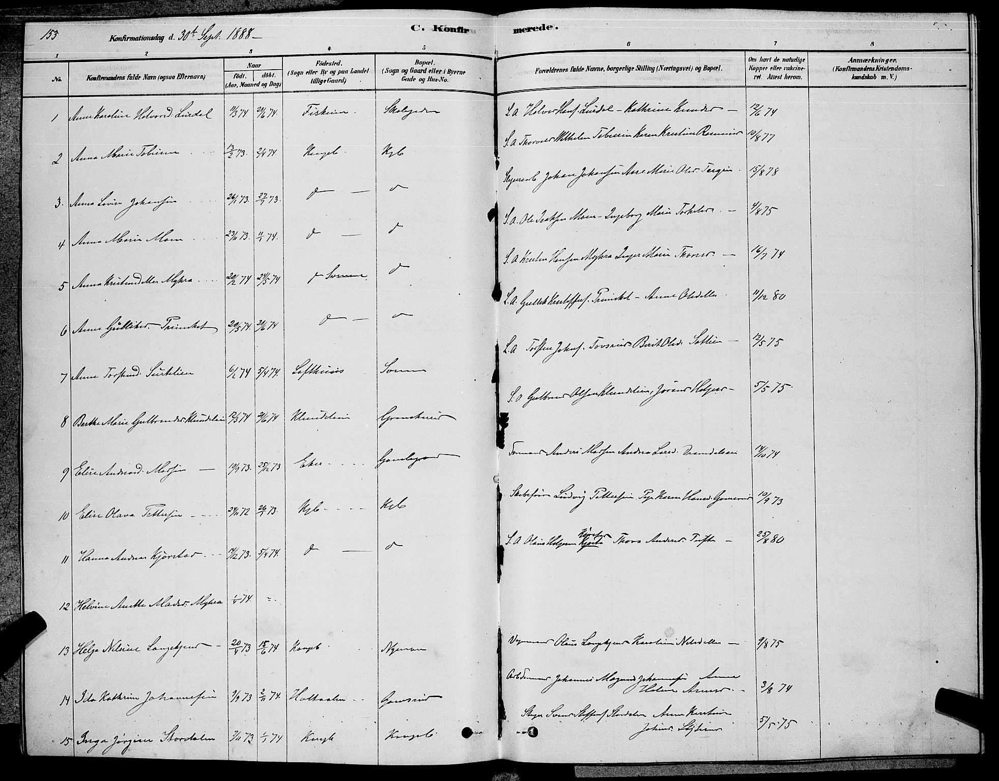 Kongsberg kirkebøker, AV/SAKO-A-22/G/Ga/L0005: Parish register (copy) no. 5, 1878-1889, p. 153