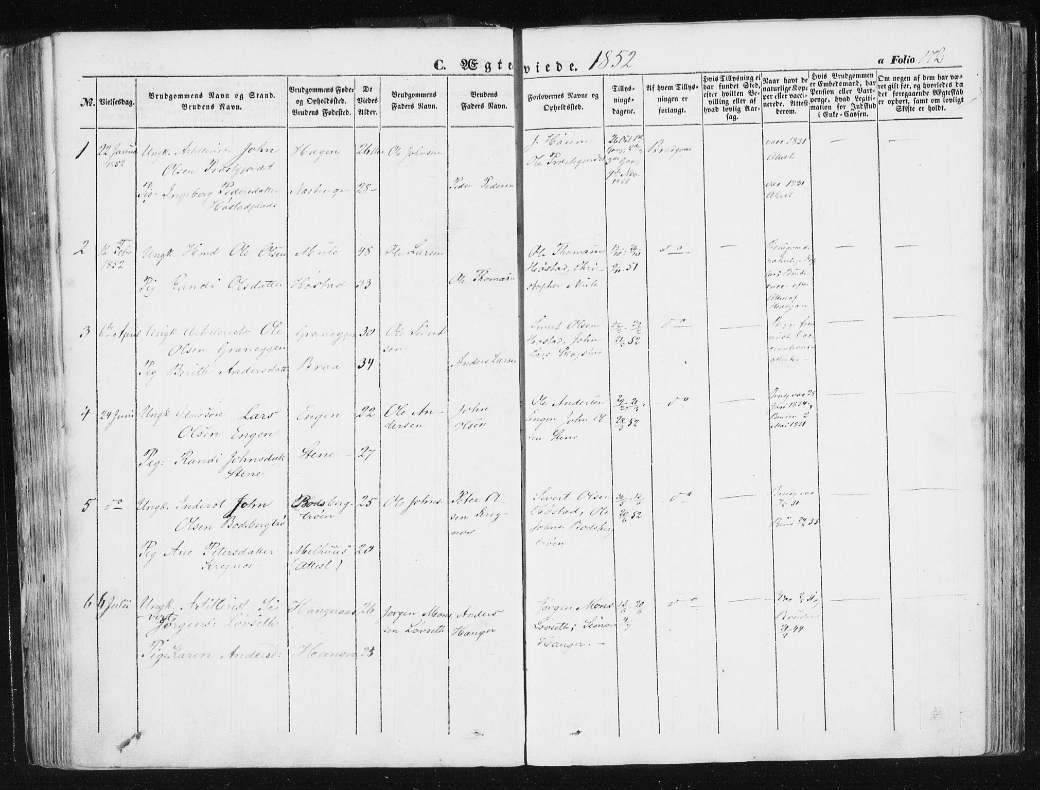 Ministerialprotokoller, klokkerbøker og fødselsregistre - Sør-Trøndelag, SAT/A-1456/612/L0376: Parish register (official) no. 612A08, 1846-1859, p. 172