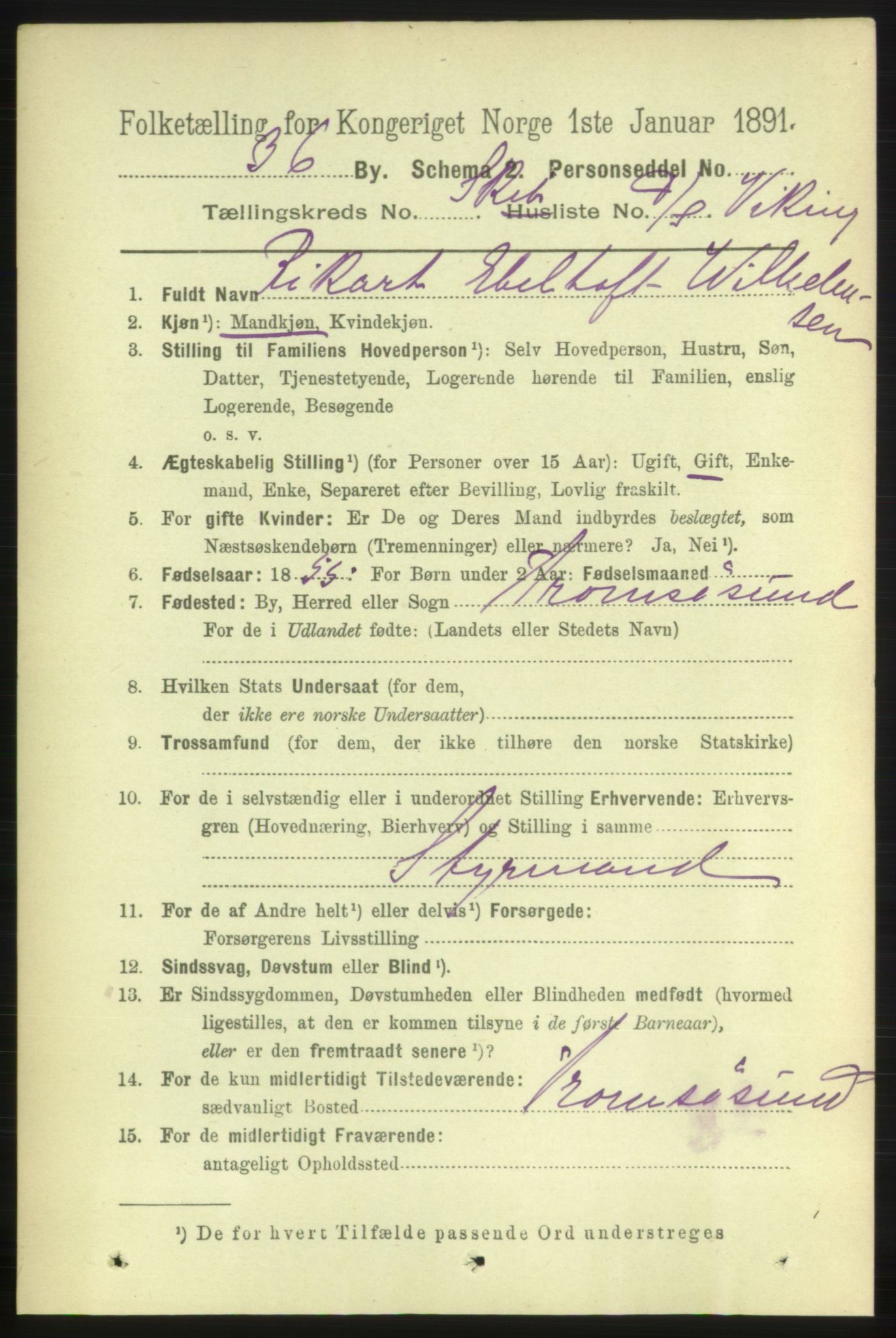 RA, 1891 census for 1001 Kristiansand, 1891, p. 16076