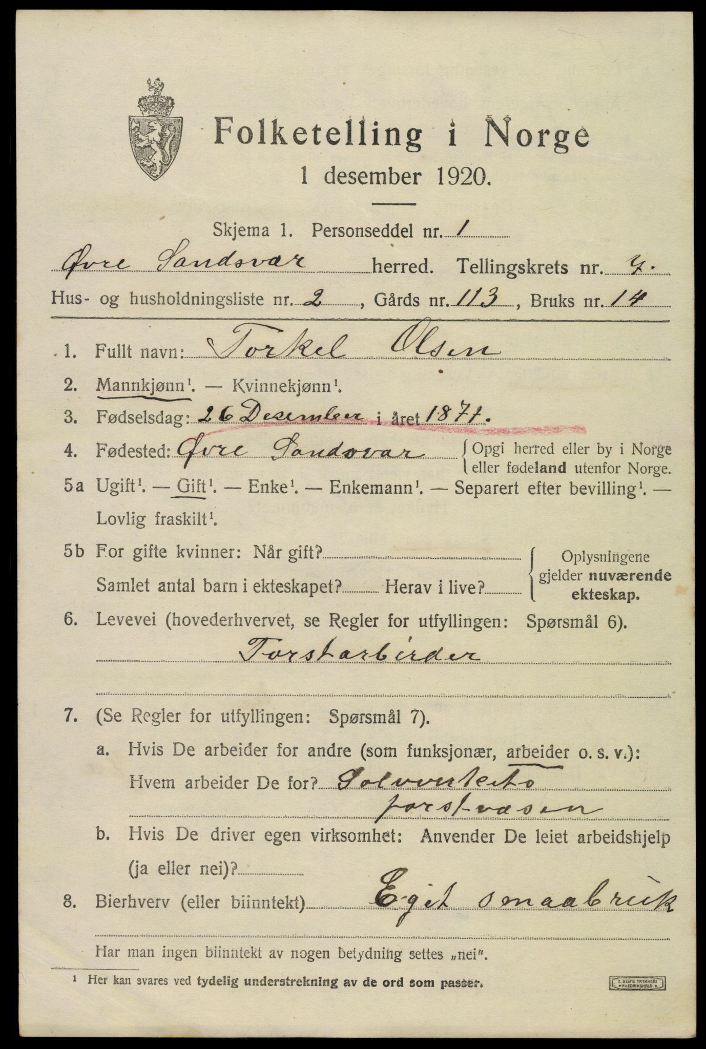 SAKO, 1920 census for Øvre Sandsvær, 1920, p. 3752