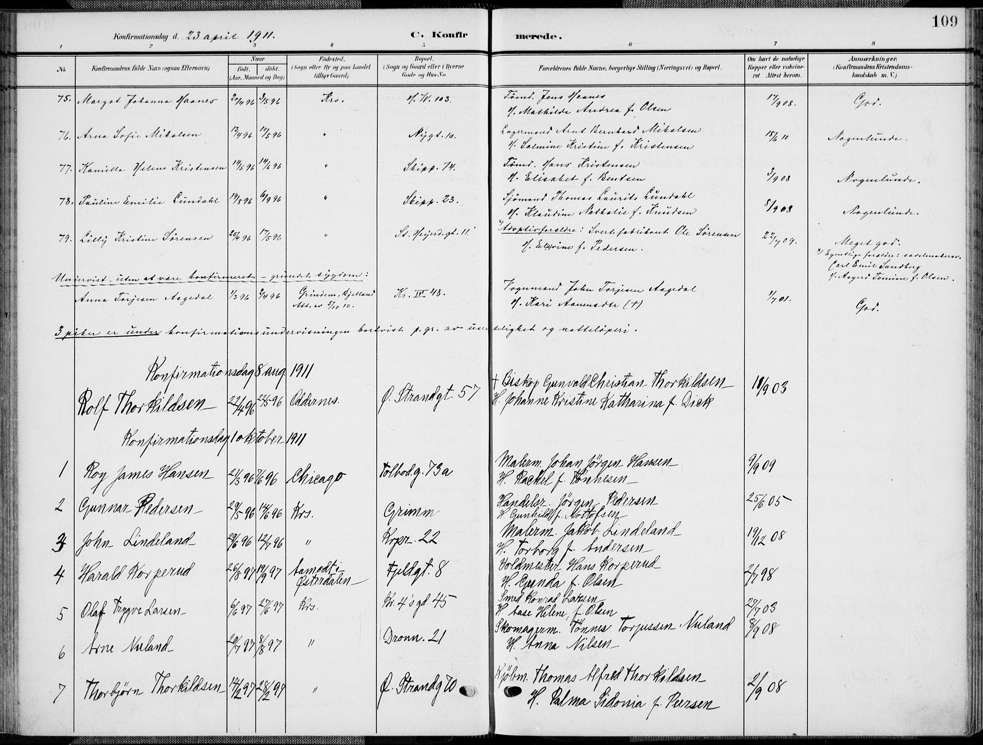 Kristiansand domprosti, SAK/1112-0006/F/Fa/L0022: Parish register (official) no. A 21, 1905-1916, p. 109