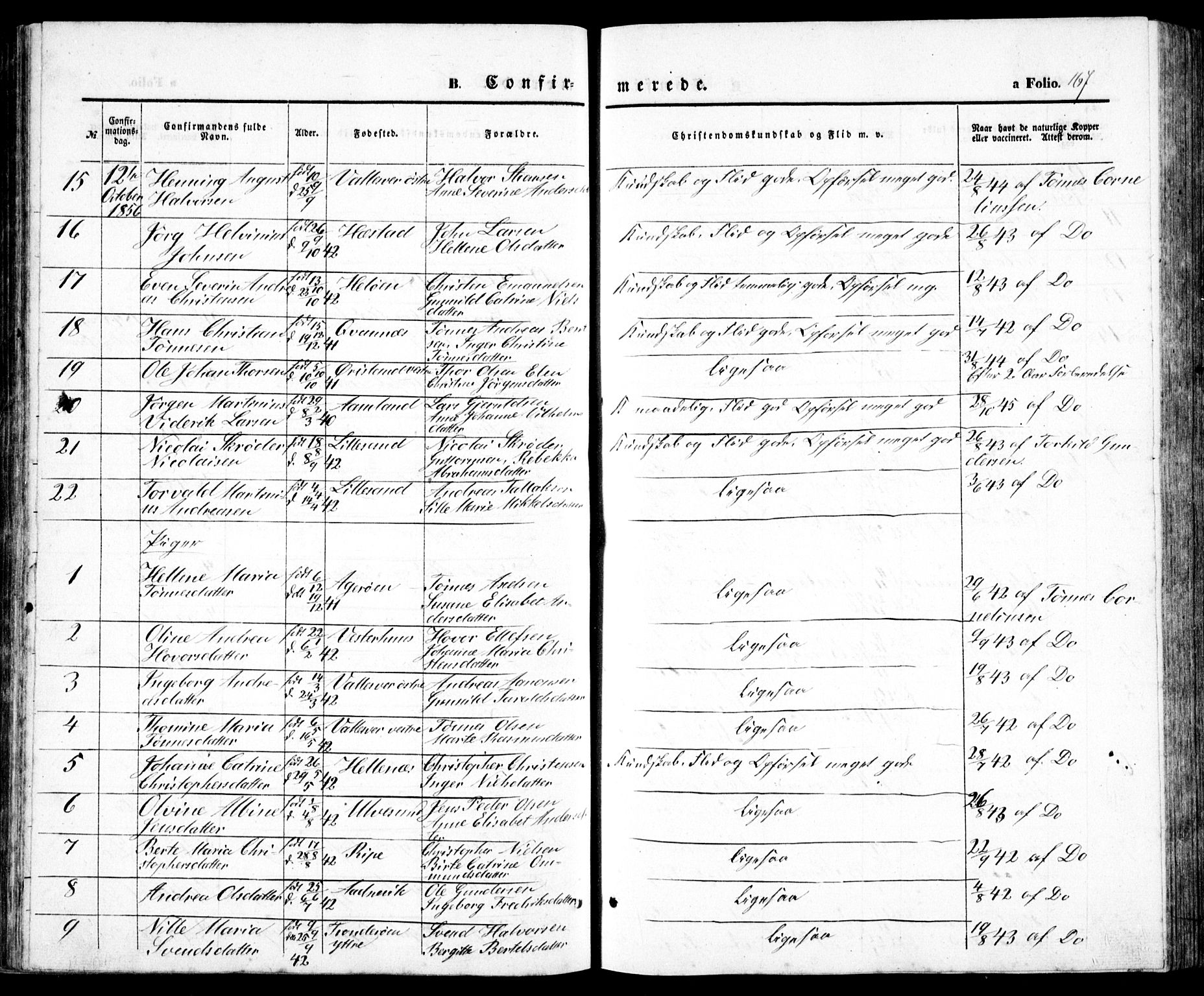 Høvåg sokneprestkontor, SAK/1111-0025/F/Fb/L0002: Parish register (copy) no. B 2, 1847-1869, p. 167