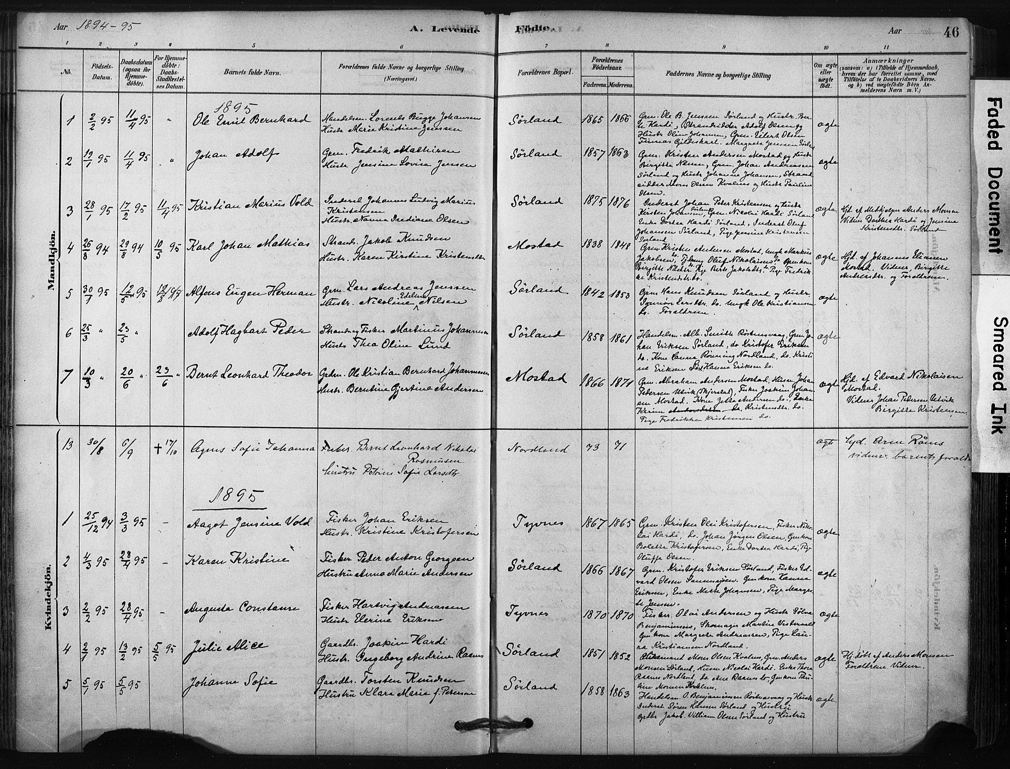 Ministerialprotokoller, klokkerbøker og fødselsregistre - Nordland, AV/SAT-A-1459/807/L0122: Parish register (official) no. 807A05, 1880-1902, p. 46