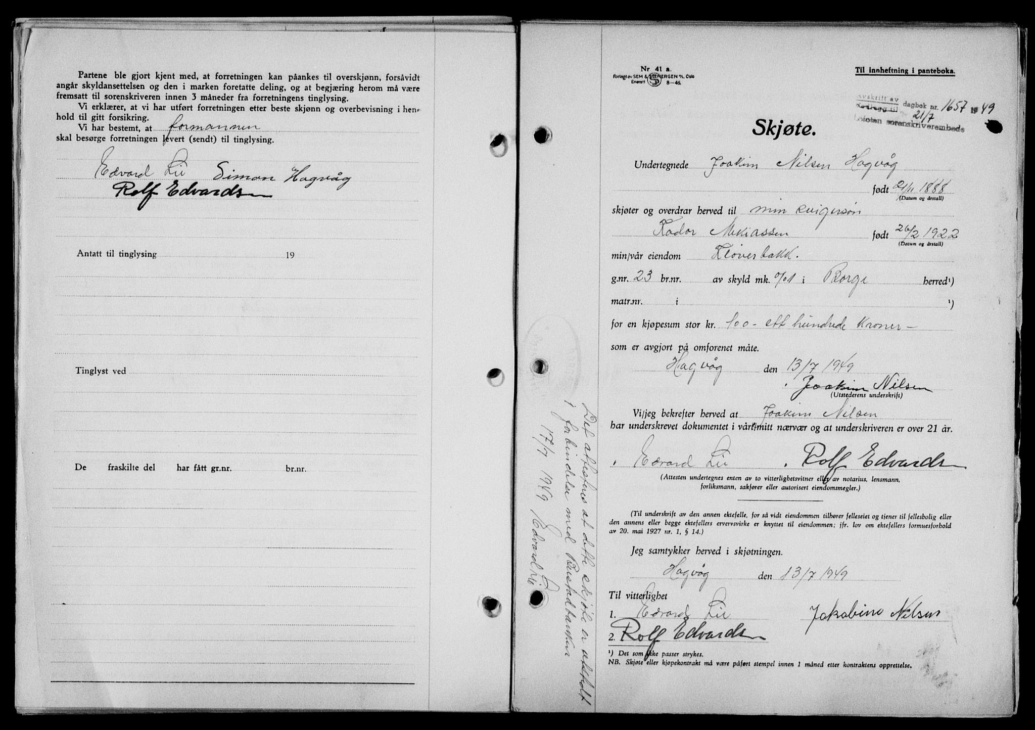 Lofoten sorenskriveri, SAT/A-0017/1/2/2C/L0021a: Mortgage book no. 21a, 1949-1949, Diary no: : 1657/1949