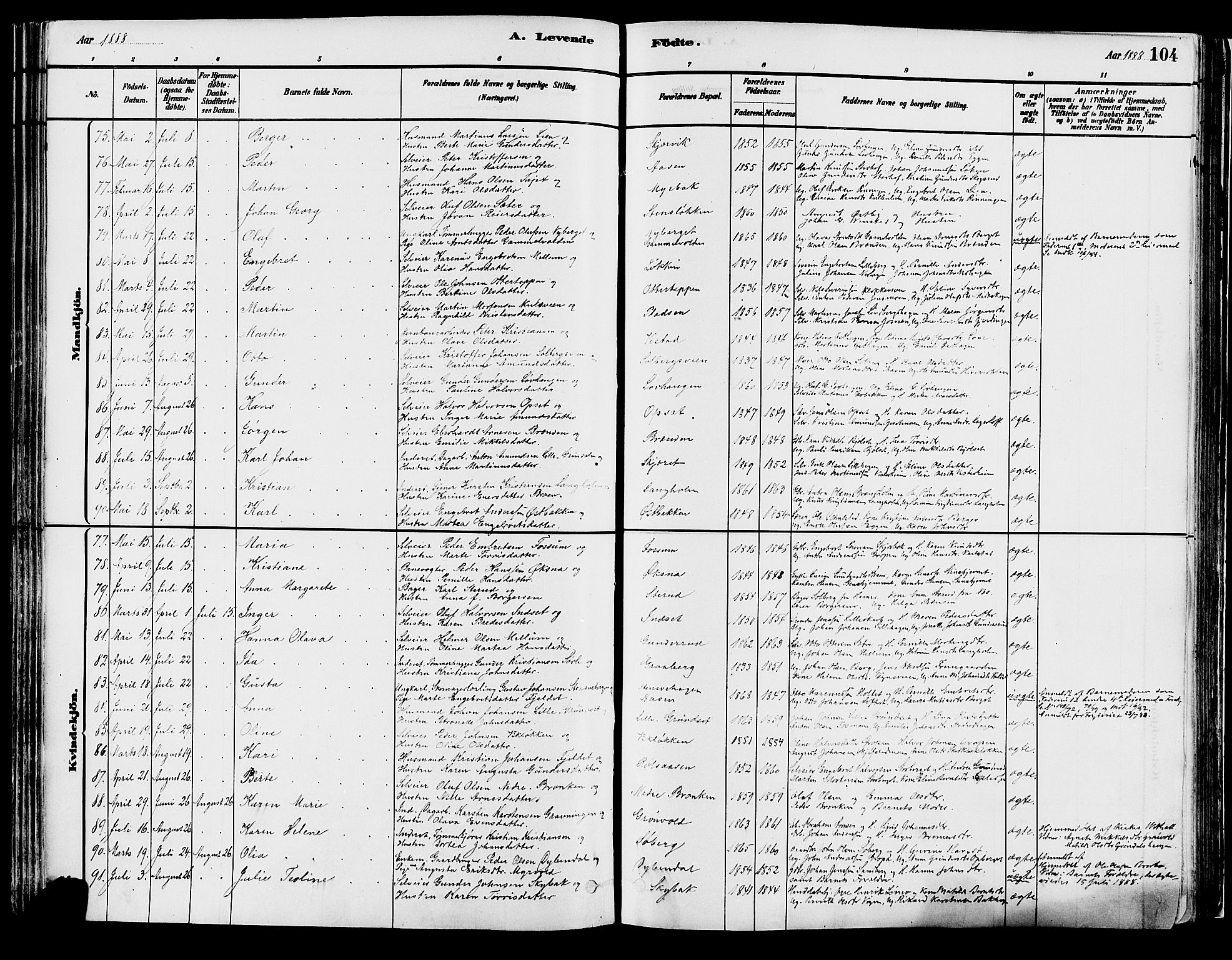 Elverum prestekontor, AV/SAH-PREST-044/H/Ha/Haa/L0013: Parish register (official) no. 13, 1880-1890, p. 104