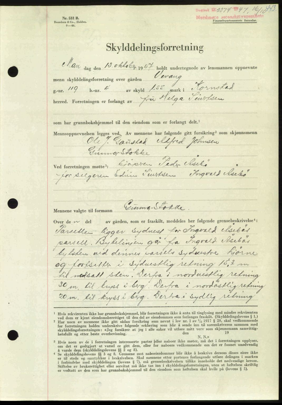 Nordmøre sorenskriveri, AV/SAT-A-4132/1/2/2Ca: Mortgage book no. A106, 1947-1947, Diary no: : 2374/1947