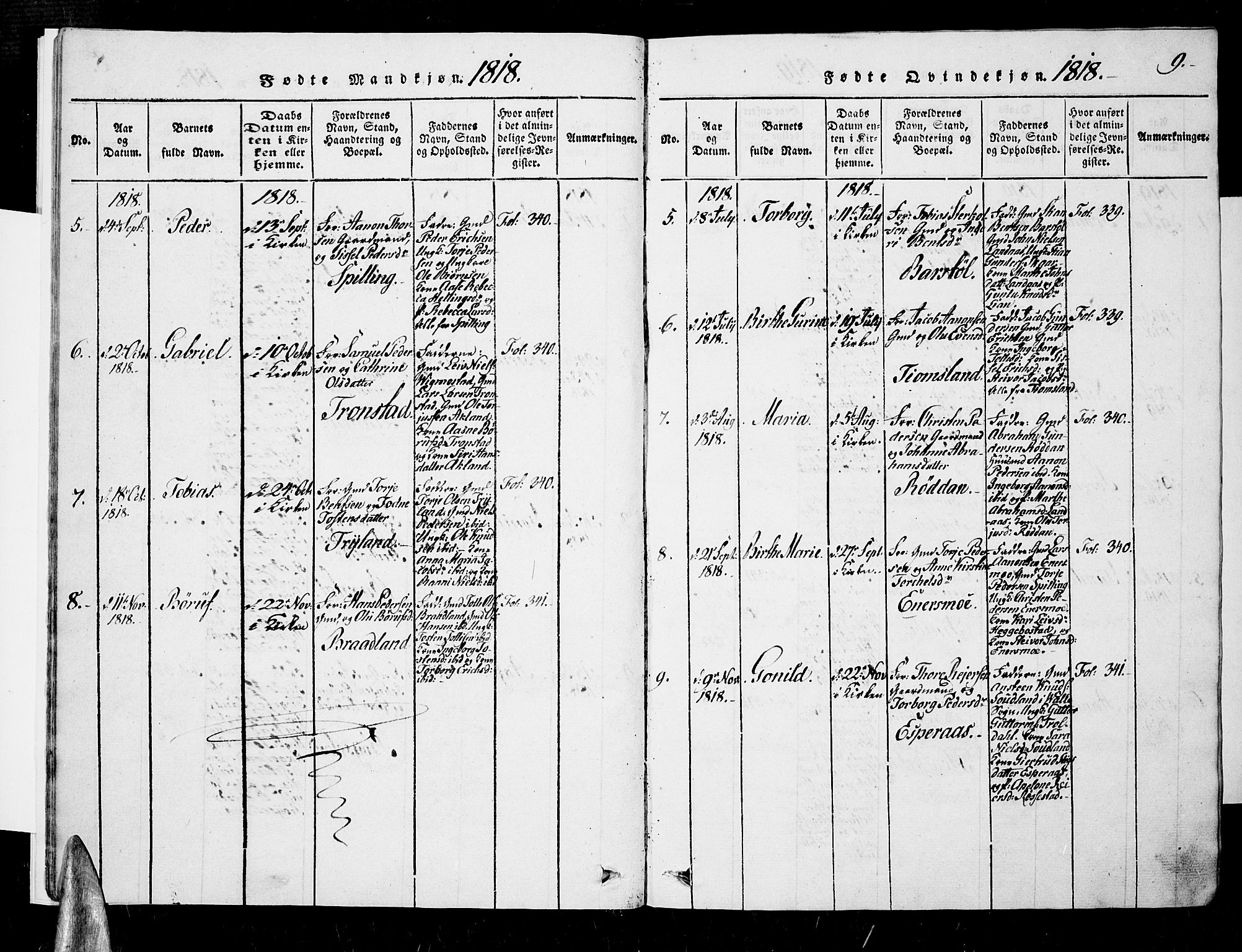 Nord-Audnedal sokneprestkontor, SAK/1111-0032/F/Fa/Fab/L0001: Parish register (official) no. A 1, 1816-1858, p. 9