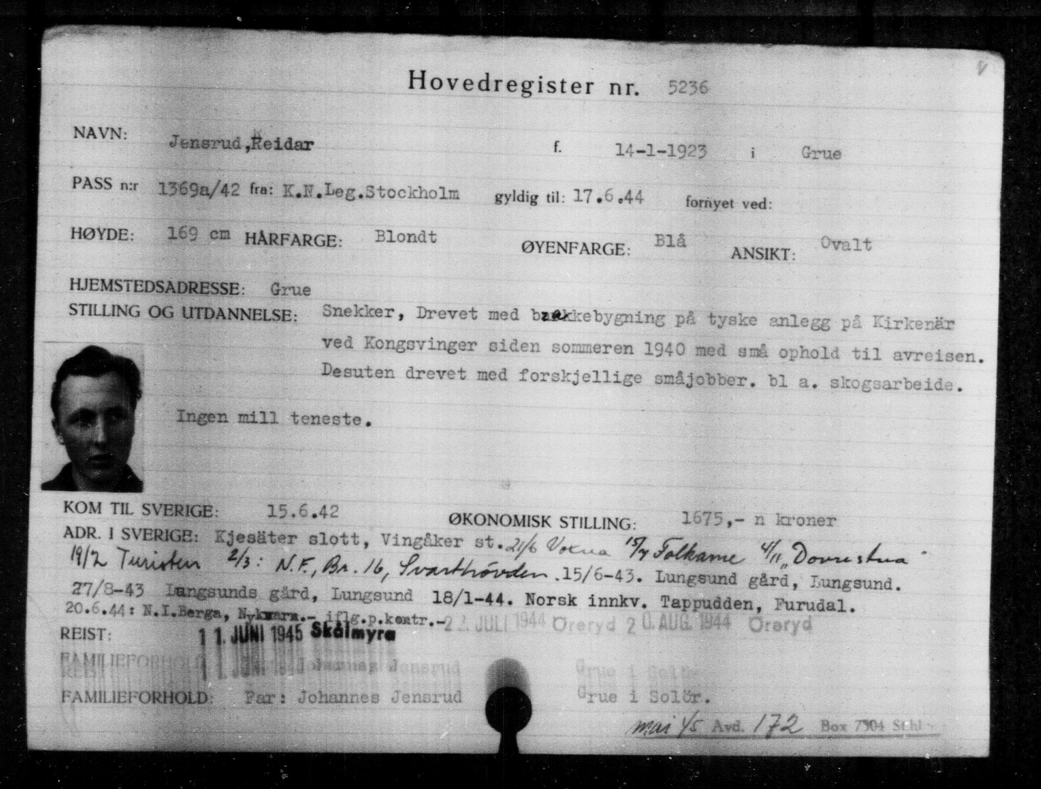 Utenriksstasjonene, Legasjonen i Stockholm, Flyktningkontoret, AV/RA-S-6753/V/Va/L0004: Kjesäterkartoteket, flyktninger med registreringsnr. 3496-6610, 1940-1945, p. 2000