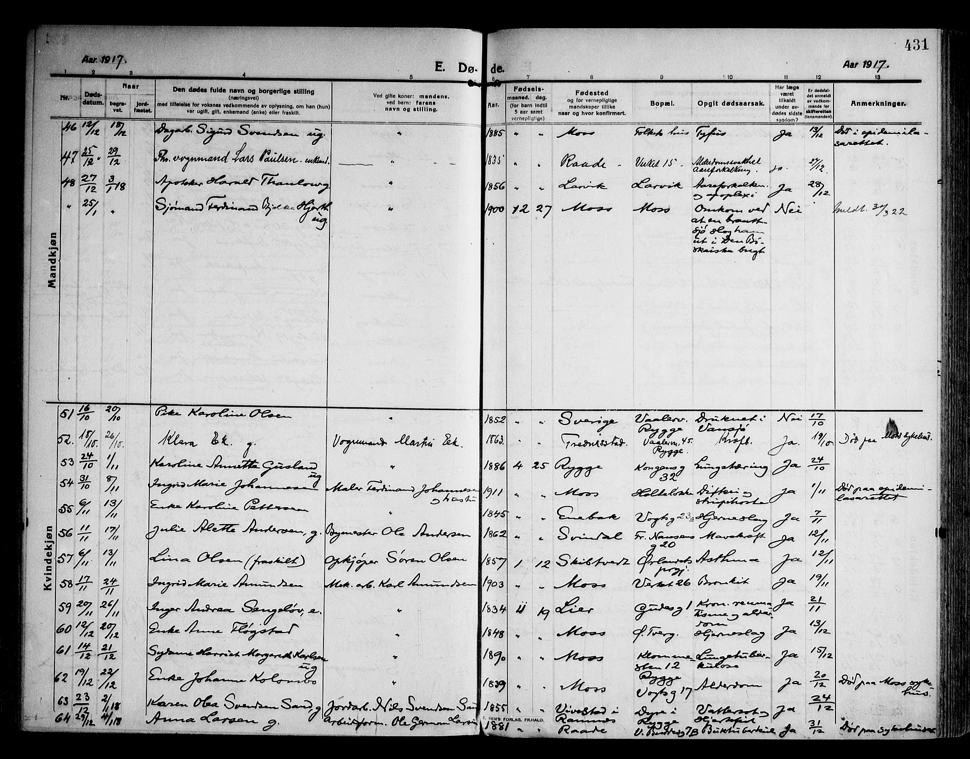 Moss prestekontor Kirkebøker, AV/SAO-A-2003/F/Fb/L0005: Parish register (official) no. II 5, 1913-1923, p. 431