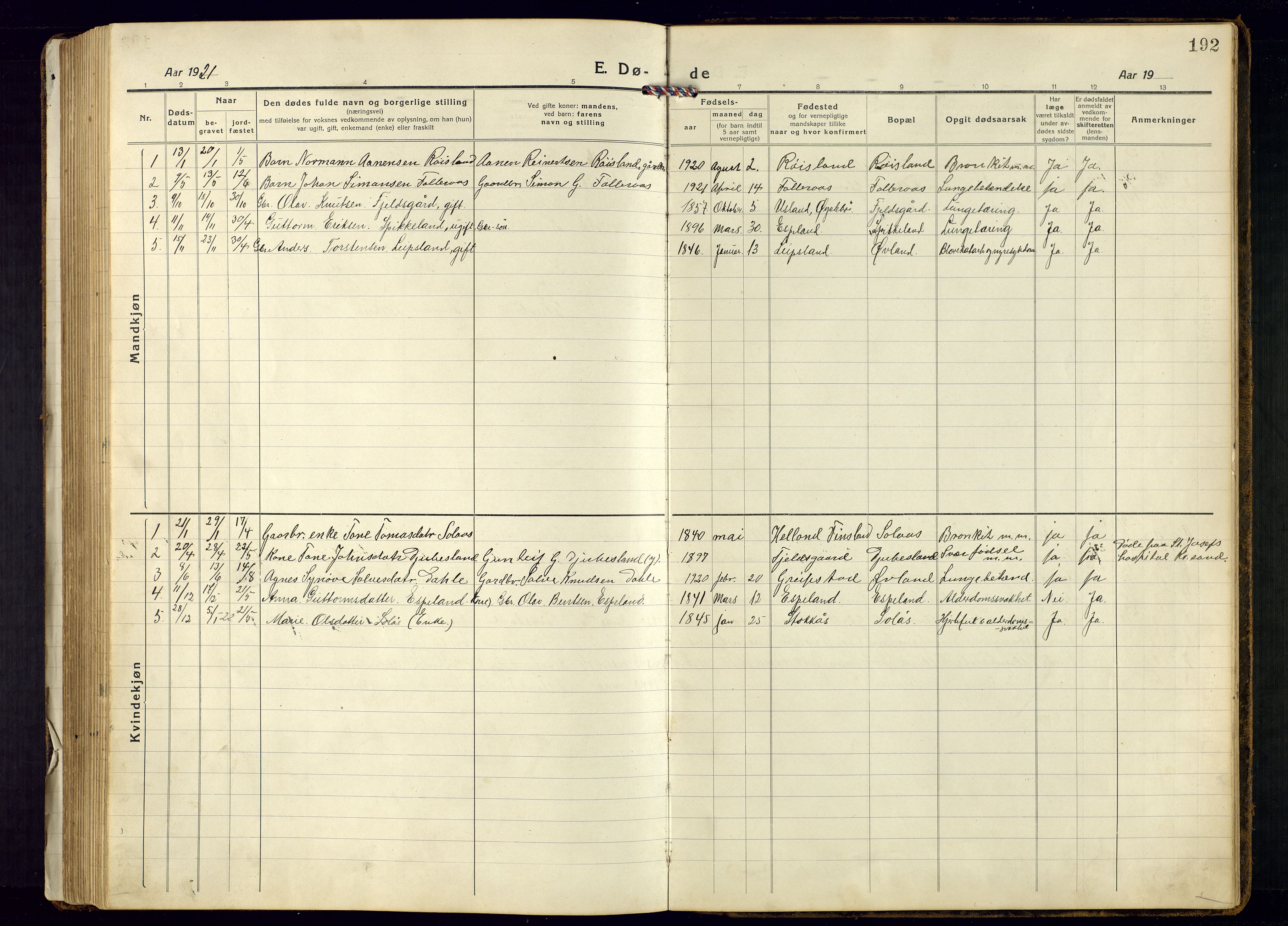 Bjelland sokneprestkontor, SAK/1111-0005/F/Fb/Fbb/L0006: Parish register (copy) no. B-6, 1918-1946, p. 192