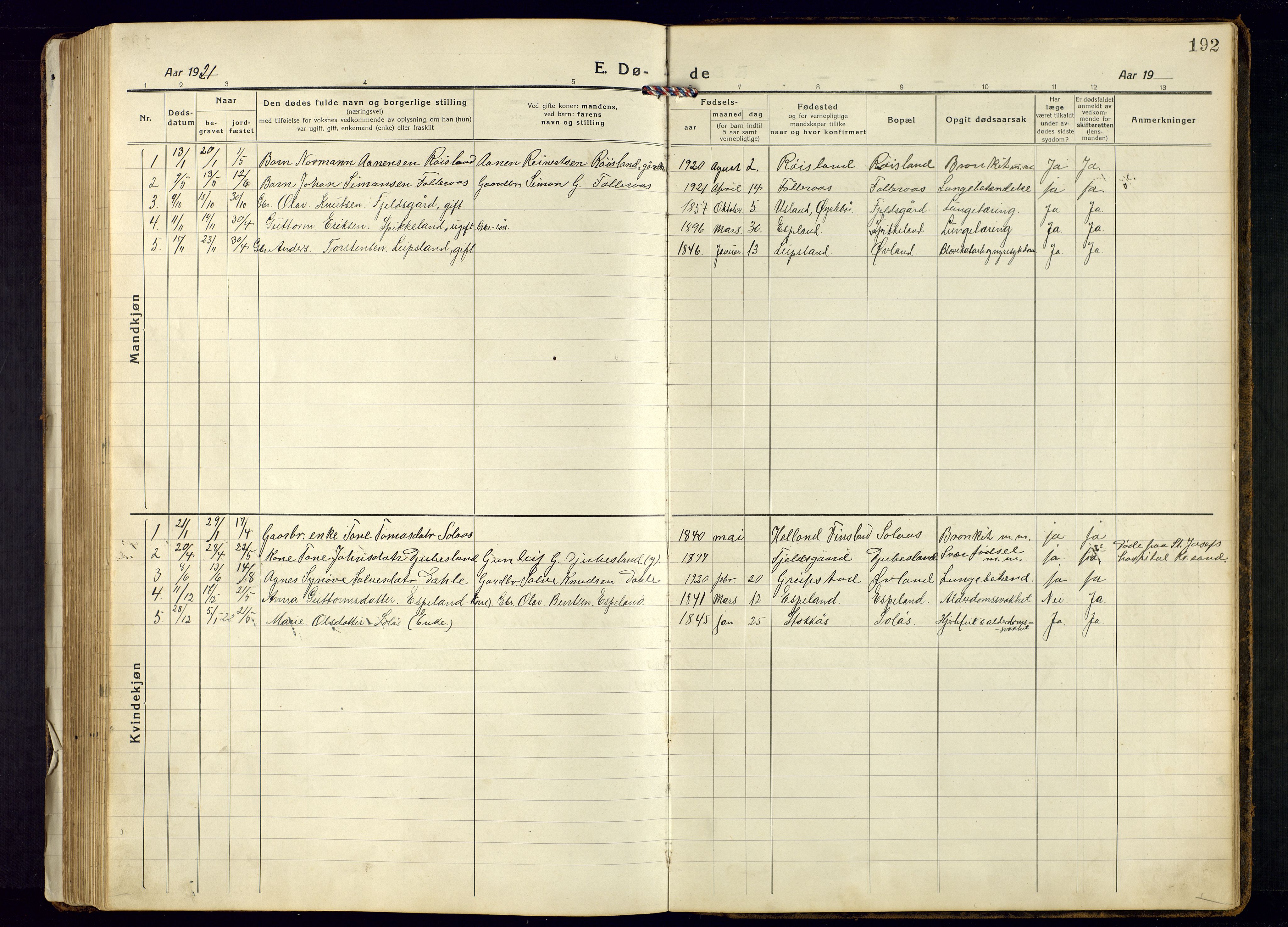 Bjelland sokneprestkontor, AV/SAK-1111-0005/F/Fb/Fbb/L0006: Parish register (copy) no. B-6, 1918-1946, p. 192