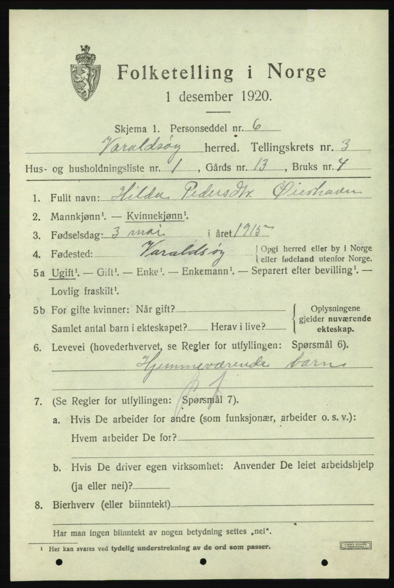 SAB, 1920 census for Varaldsøy, 1920, p. 1271