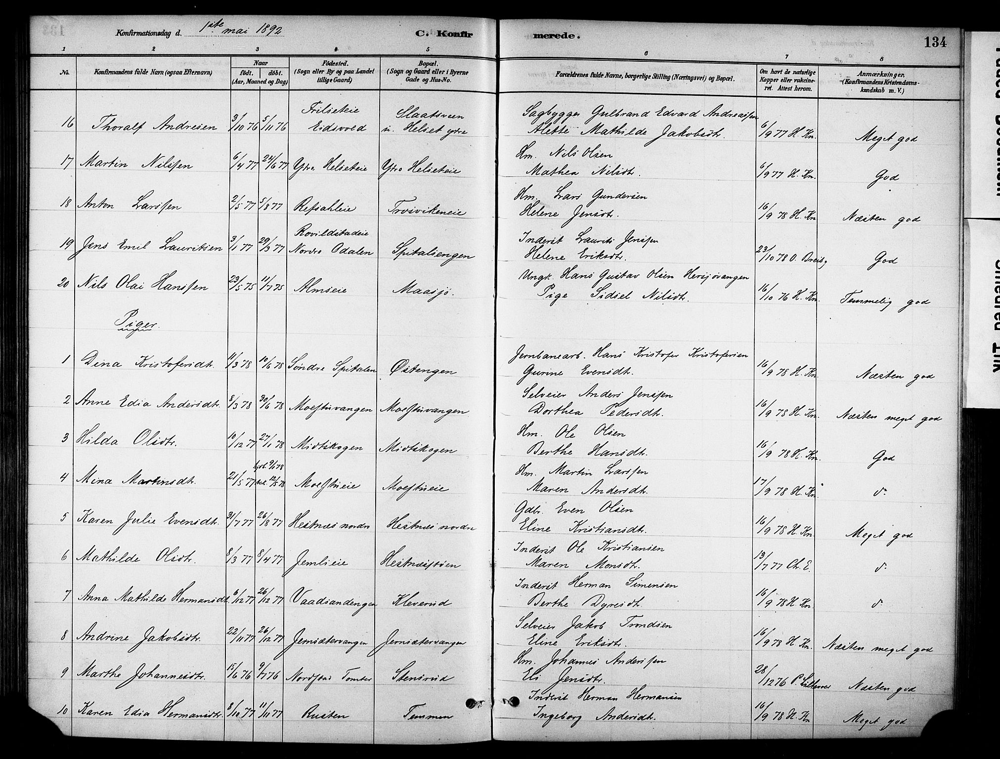 Stange prestekontor, AV/SAH-PREST-002/K/L0018: Parish register (official) no. 18, 1880-1896, p. 134