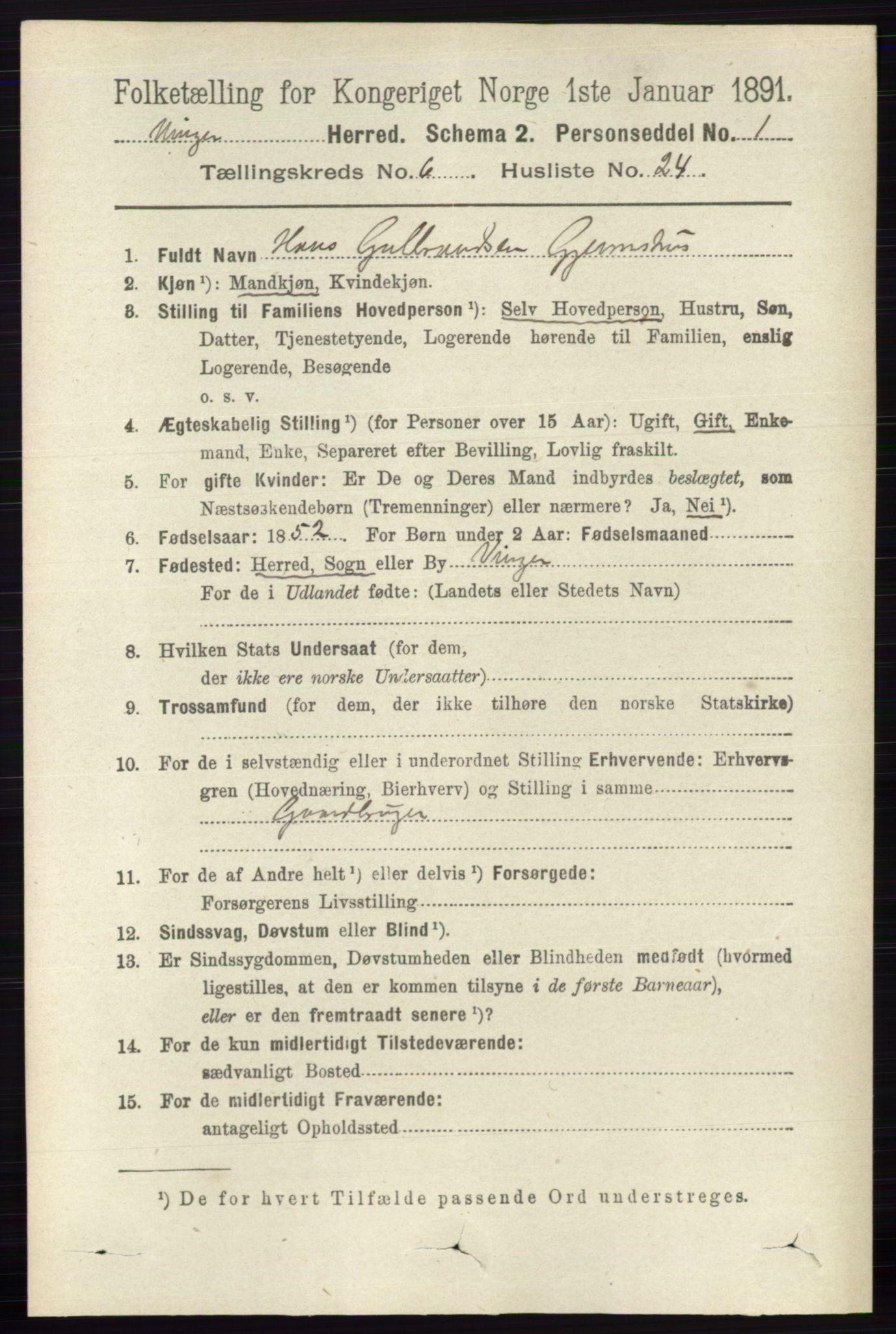 RA, 1891 census for 0421 Vinger, 1891, p. 2749