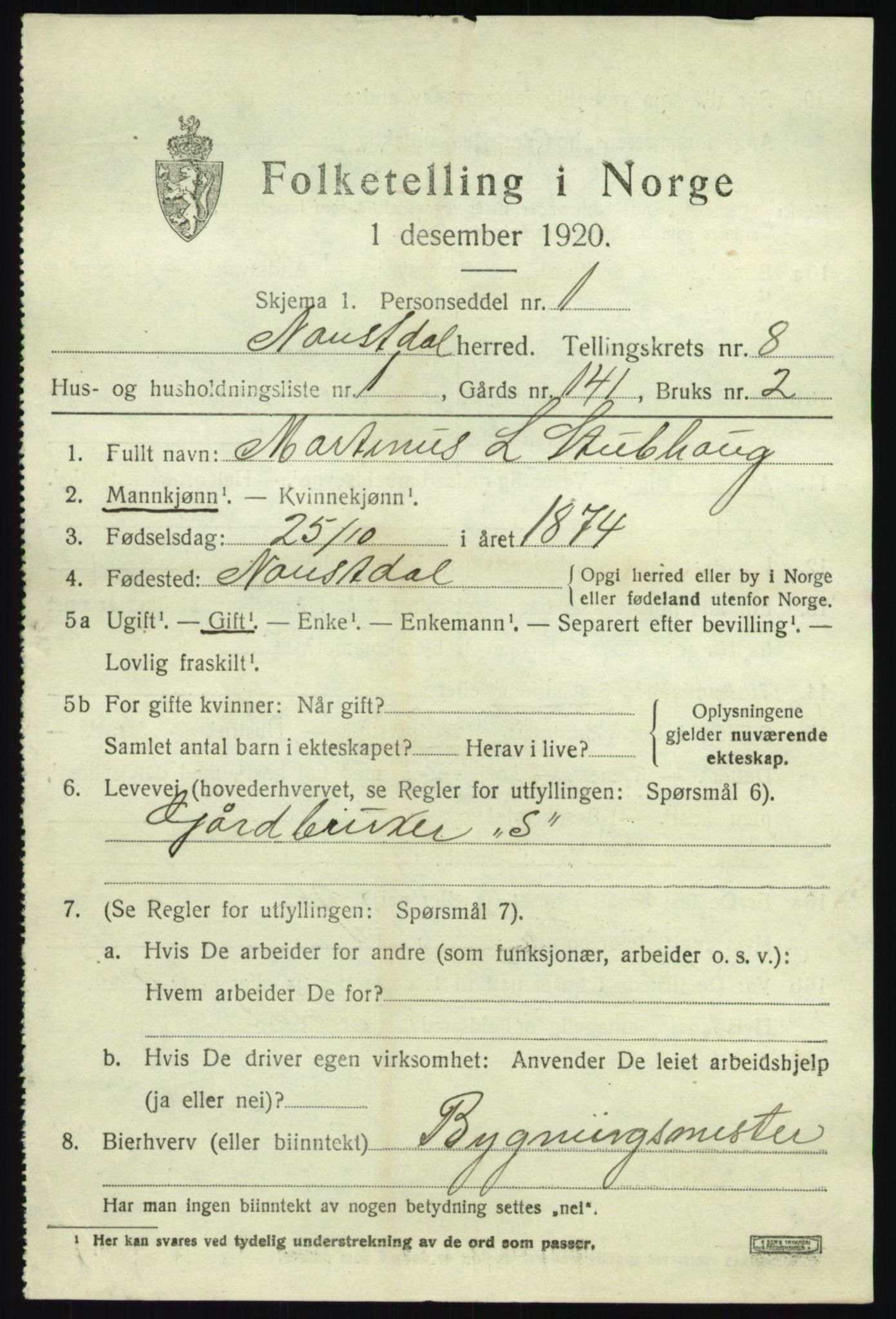 SAB, 1920 census for Naustdal, 1920, p. 4857