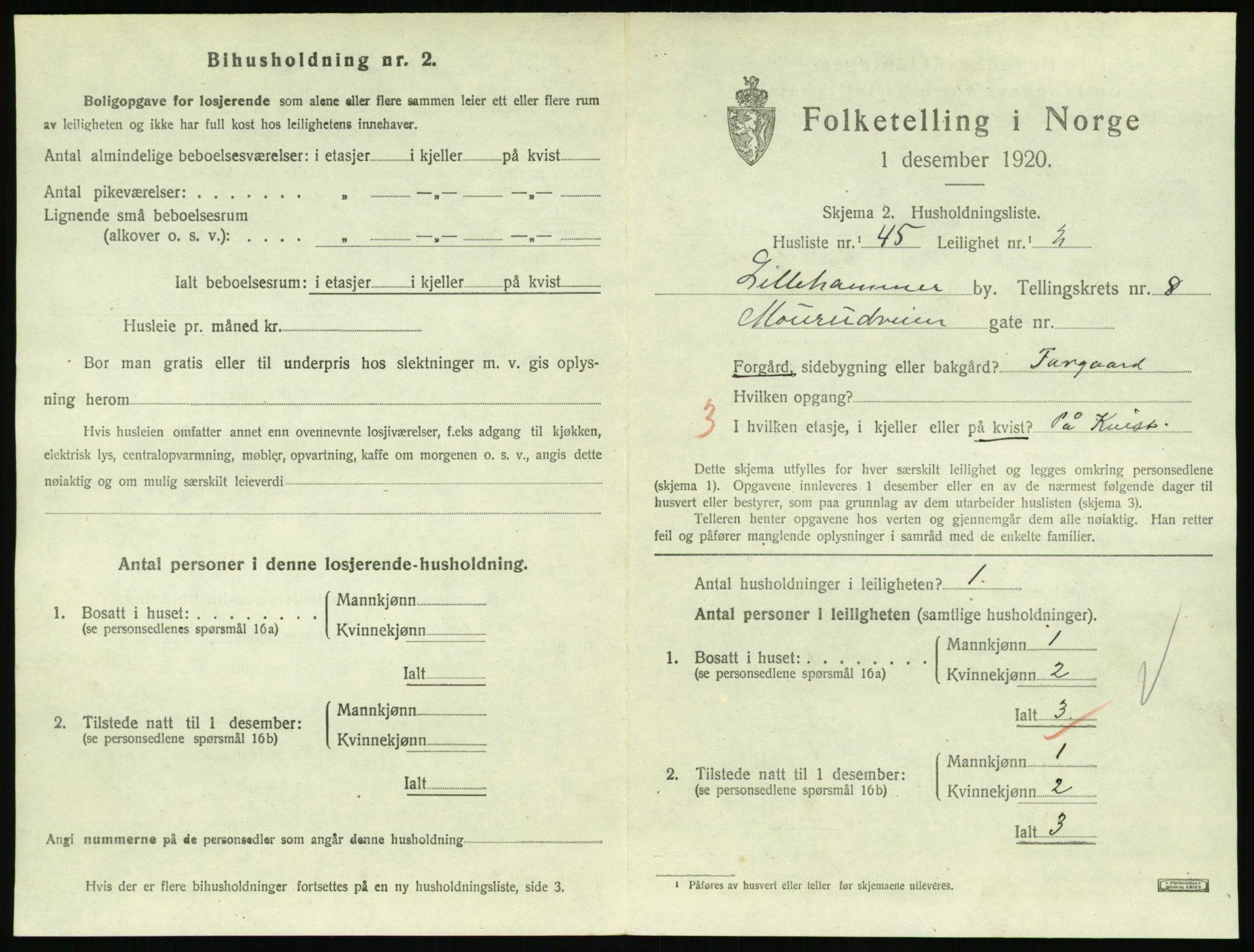 SAH, 1920 census for Lillehammer, 1920, p. 3008