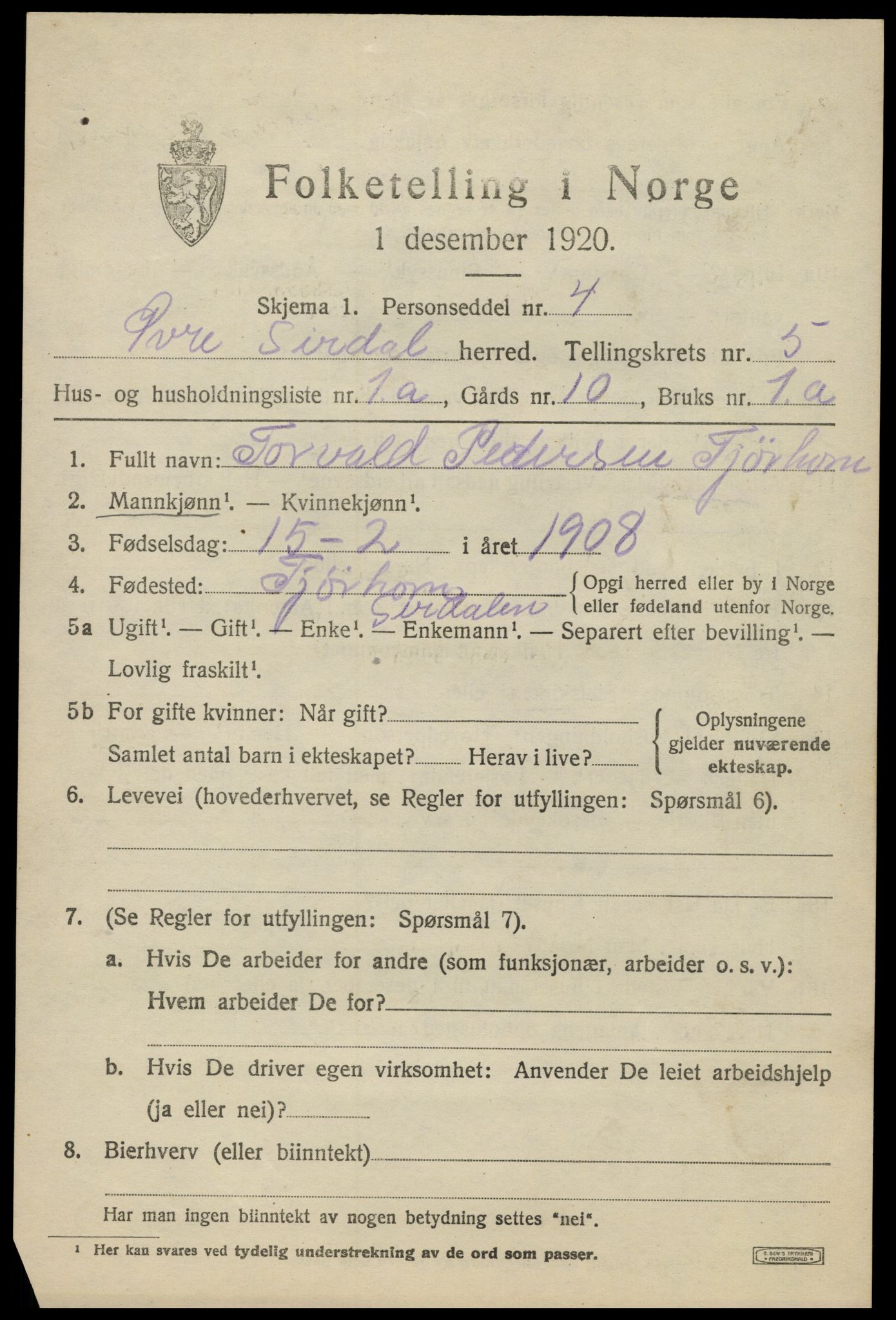 SAK, 1920 census for Øvre Sirdal, 1920, p. 901