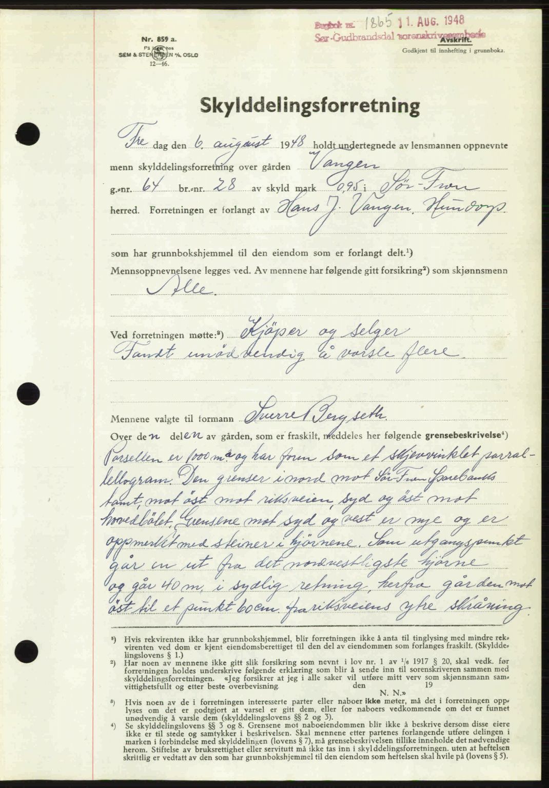 Sør-Gudbrandsdal tingrett, SAH/TING-004/H/Hb/Hbd/L0022: Mortgage book no. A22, 1948-1948, Diary no: : 1865/1948
