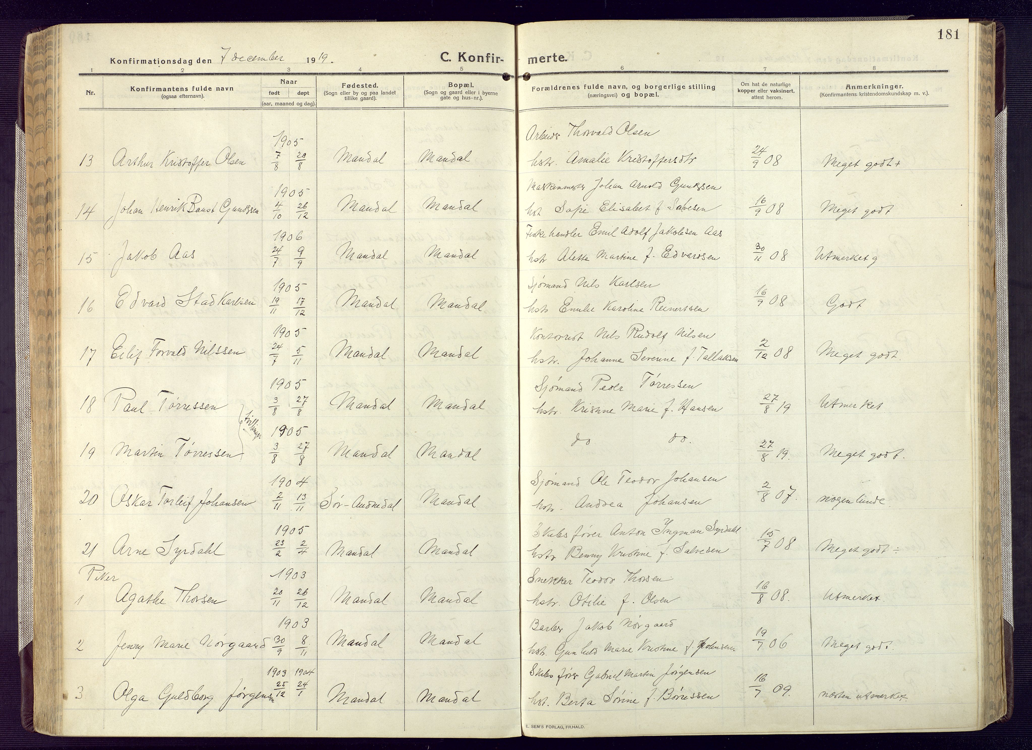 Mandal sokneprestkontor, AV/SAK-1111-0030/F/Fa/Fac/L0001: Parish register (official) no. A 1, 1913-1925, p. 181