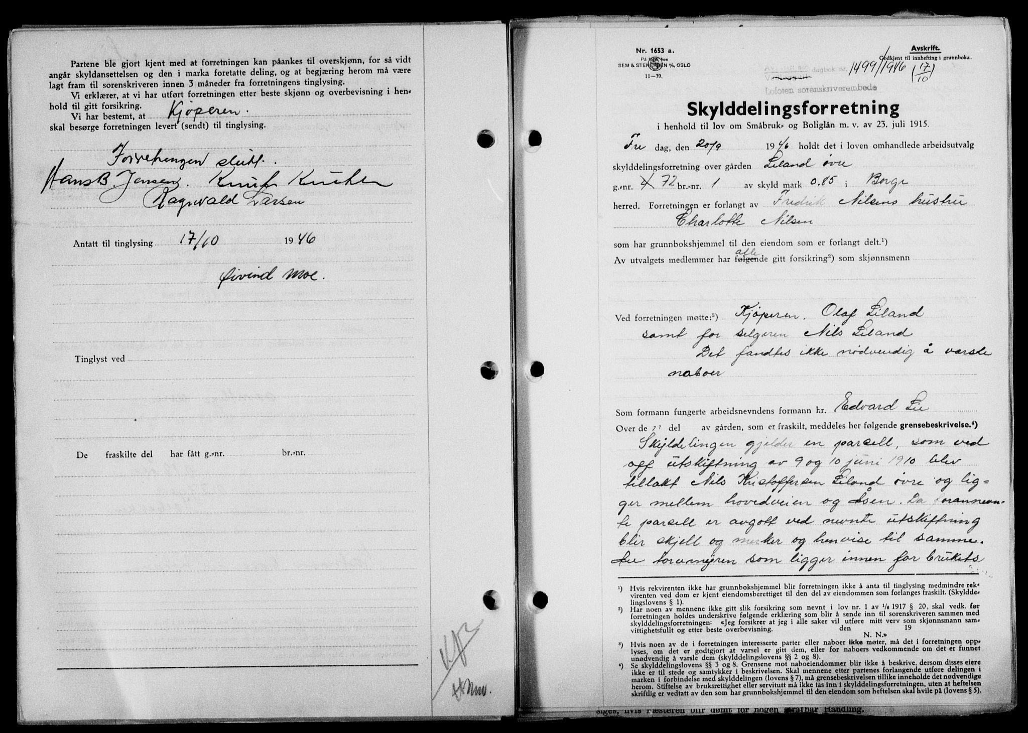Lofoten sorenskriveri, SAT/A-0017/1/2/2C/L0014a: Mortgage book no. 14a, 1946-1946, Diary no: : 1499/1946