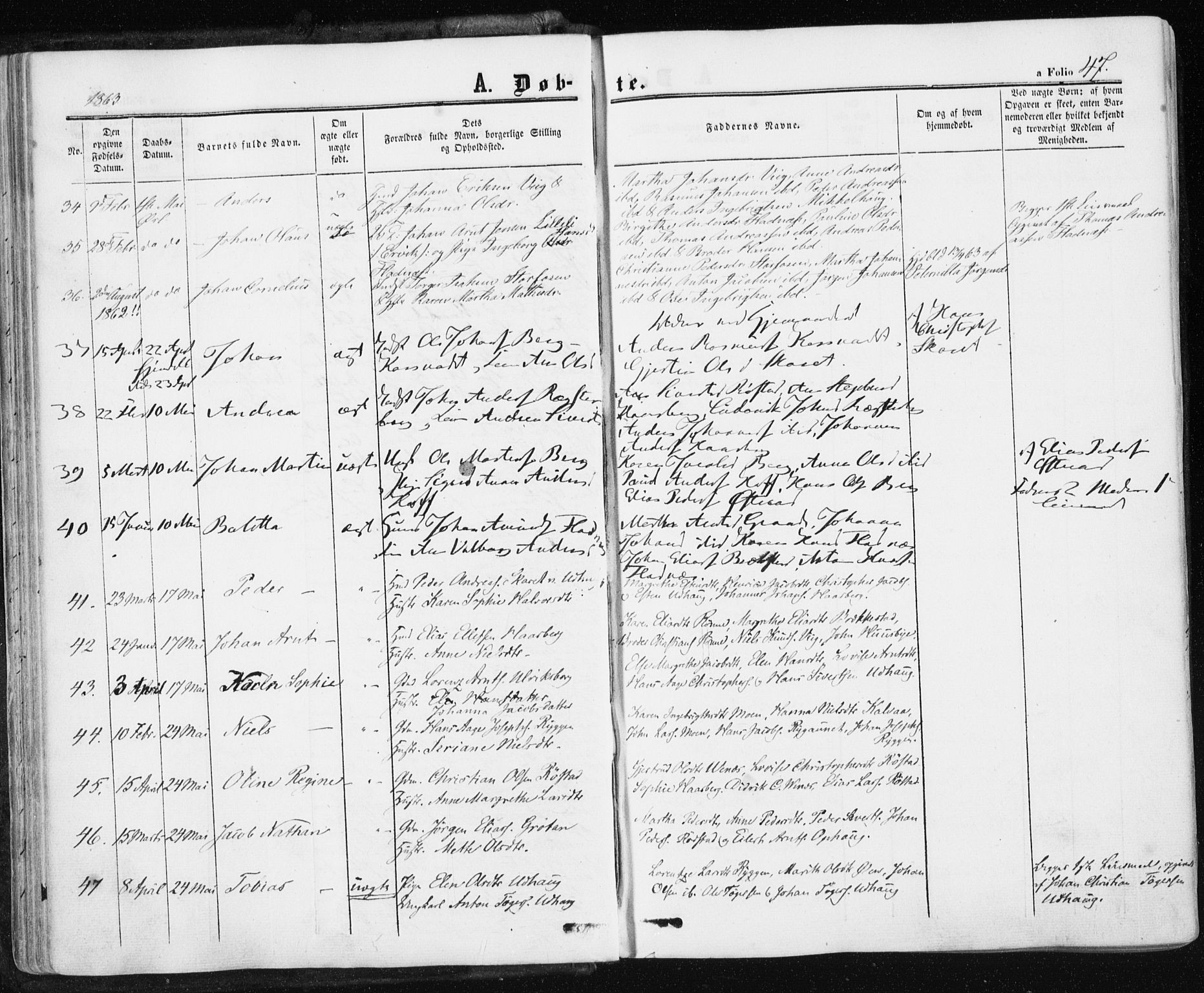 Ministerialprotokoller, klokkerbøker og fødselsregistre - Sør-Trøndelag, SAT/A-1456/659/L0737: Parish register (official) no. 659A07, 1857-1875, p. 47