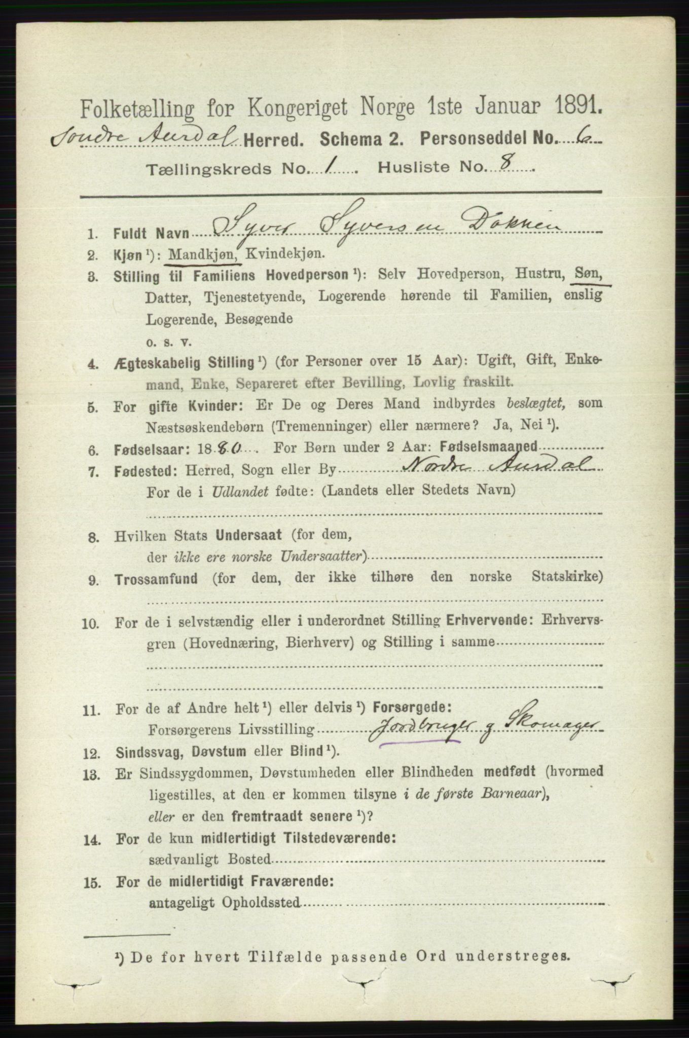 RA, 1891 census for 0540 Sør-Aurdal, 1891, p. 190