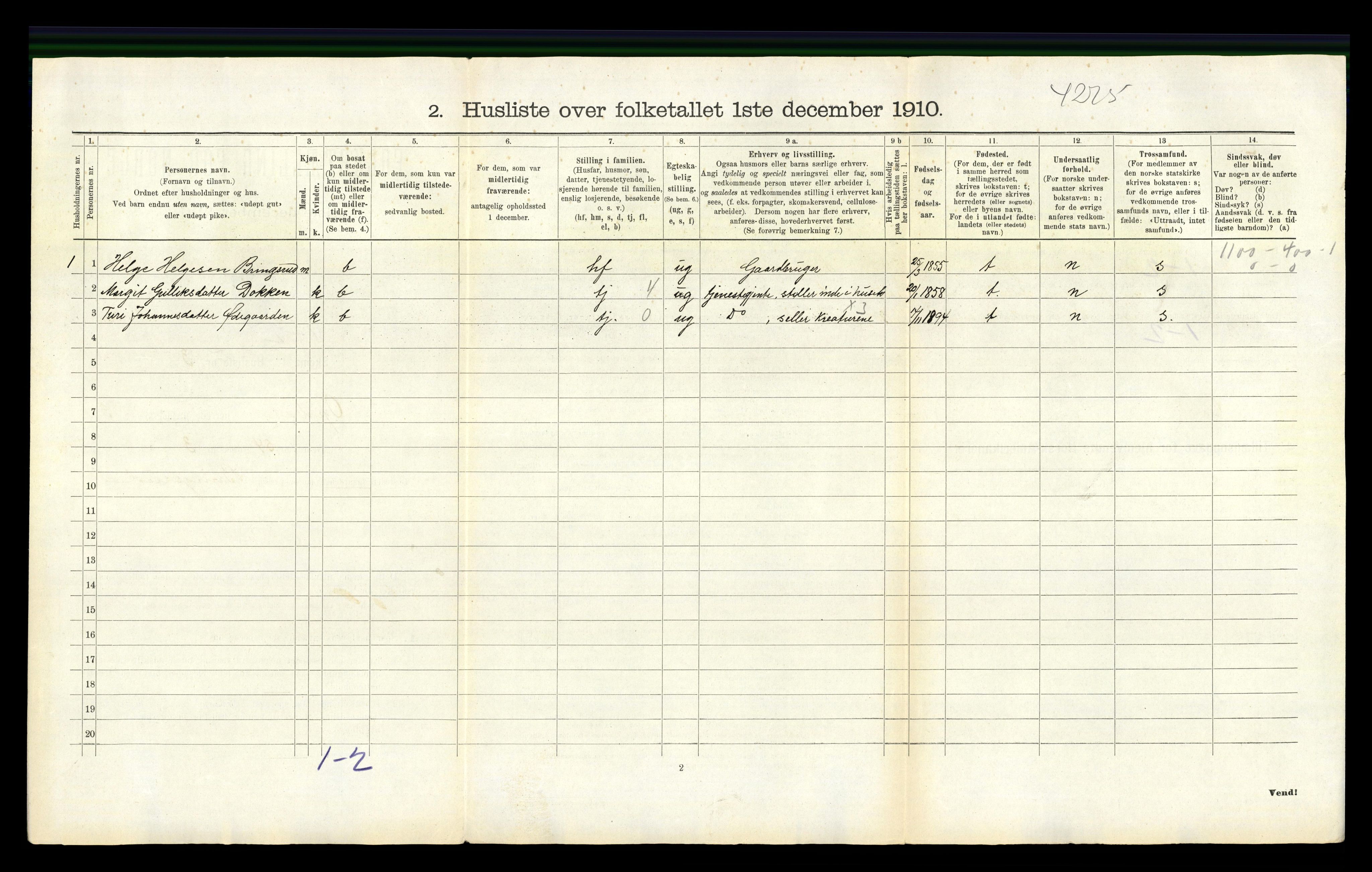 RA, 1910 census for Uvdal, 1910, p. 220