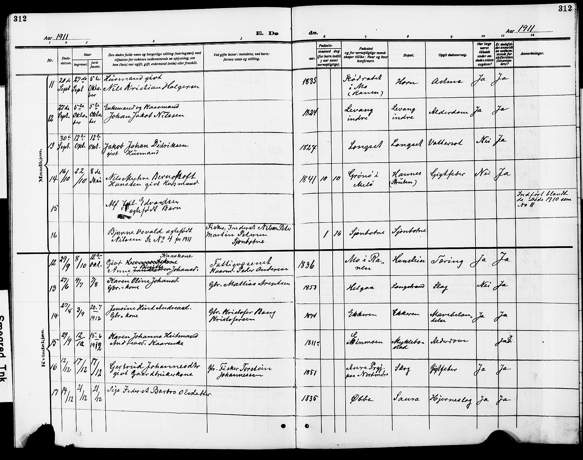 Ministerialprotokoller, klokkerbøker og fødselsregistre - Nordland, AV/SAT-A-1459/838/L0560: Parish register (copy) no. 838C07, 1910-1928, p. 312