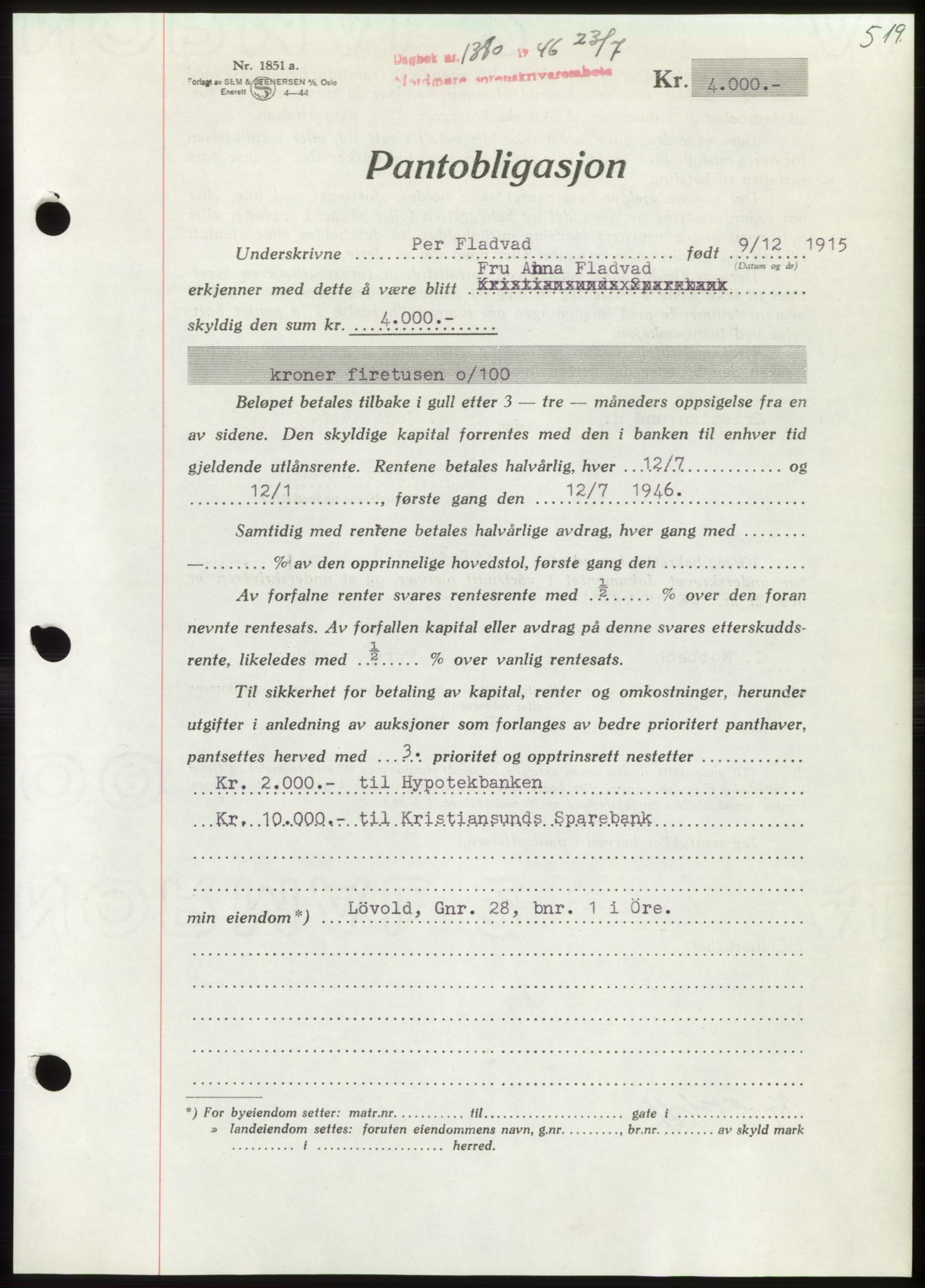 Nordmøre sorenskriveri, AV/SAT-A-4132/1/2/2Ca: Mortgage book no. B94, 1946-1946, Diary no: : 1380/1946