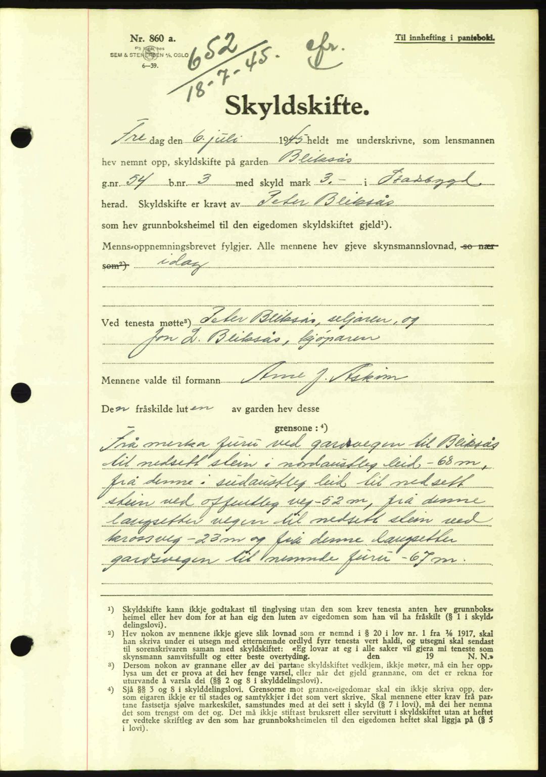 Fosen sorenskriveri, AV/SAT-A-1107/1/2/2C: Mortgage book no. A3, 1943-1945, Diary no: : 652/1945