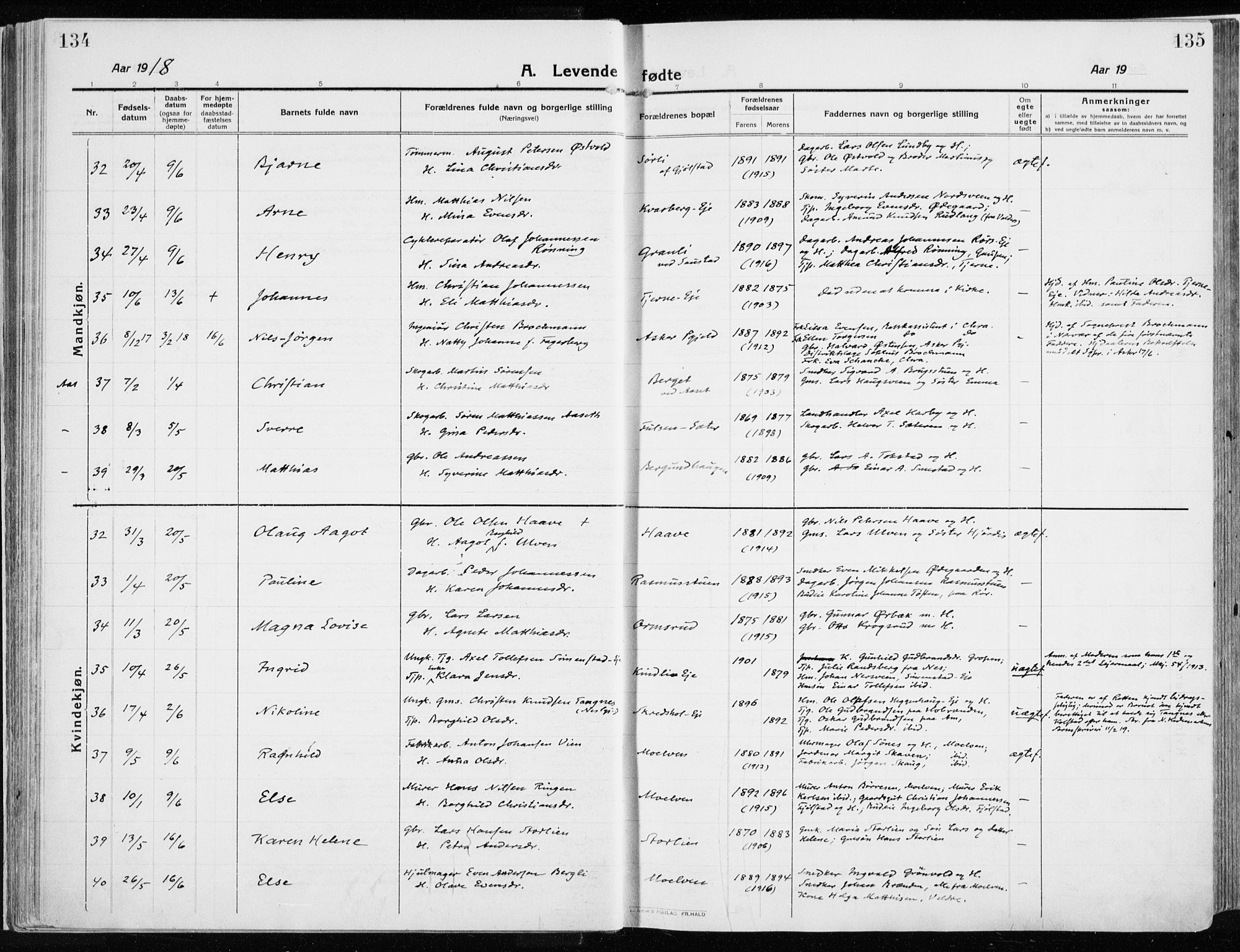 Ringsaker prestekontor, AV/SAH-PREST-014/K/Ka/L0020: Parish register (official) no. 20, 1913-1922, p. 134-135