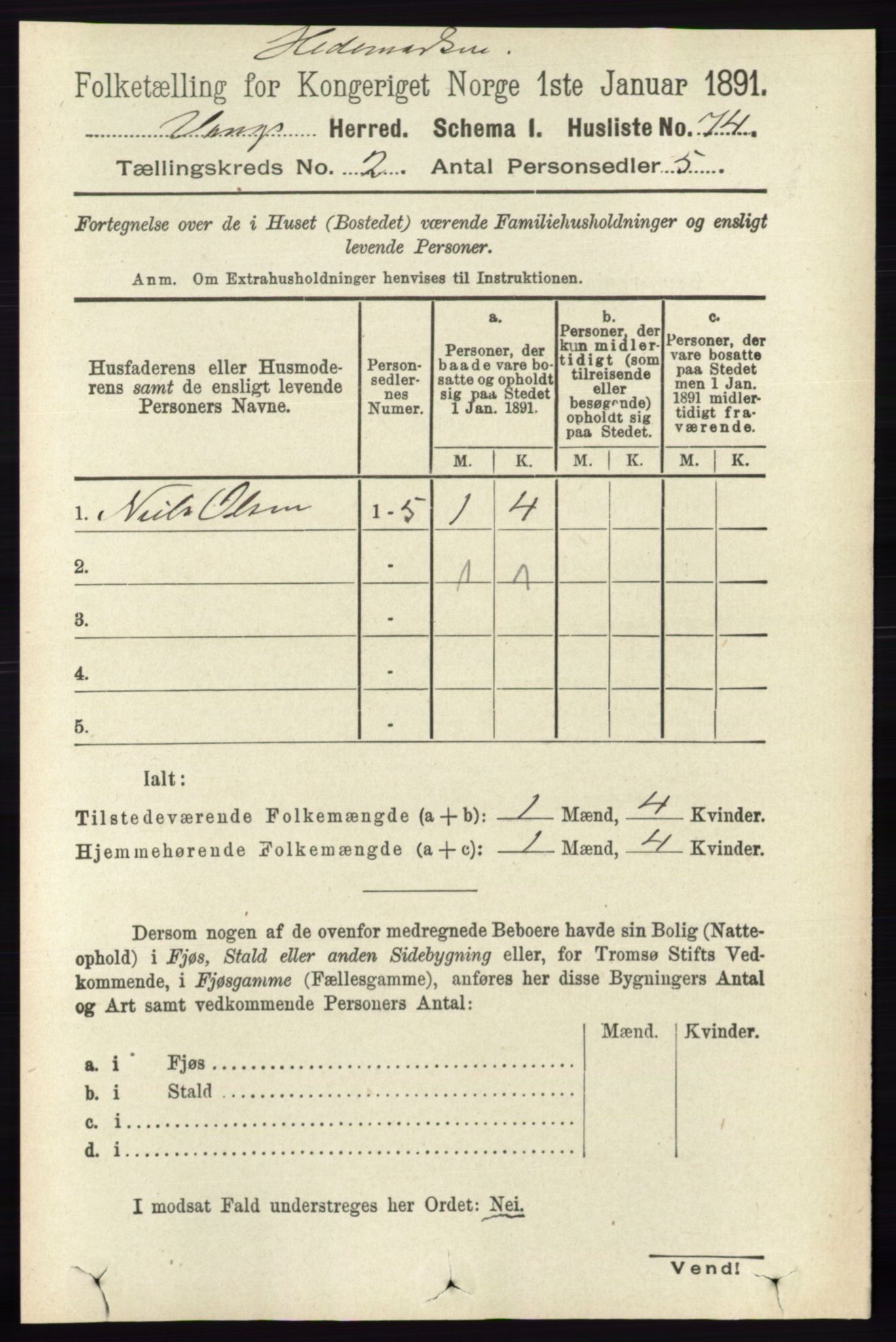 RA, 1891 census for 0414 Vang, 1891, p. 1005