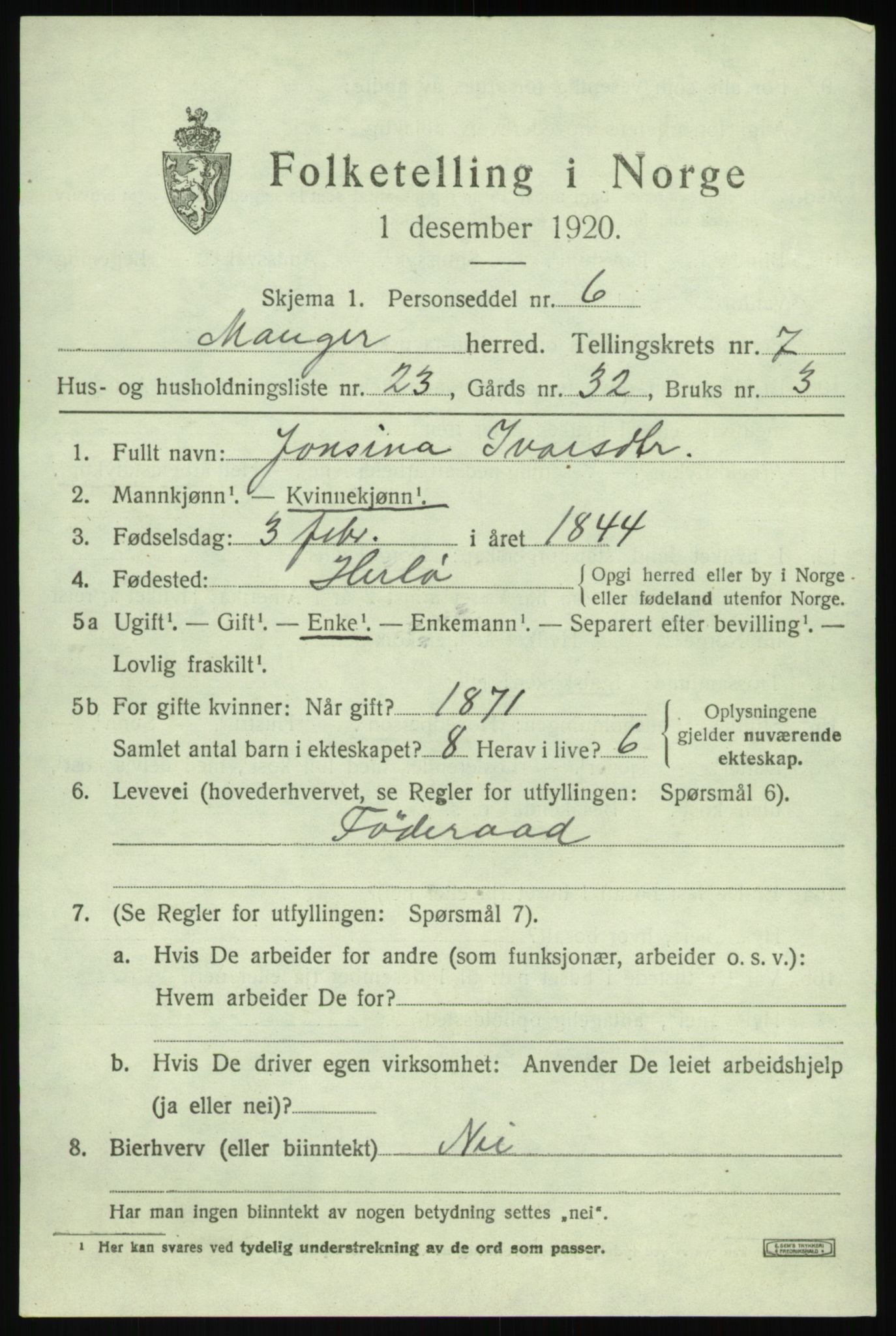 SAB, 1920 census for Manger, 1920, p. 4641