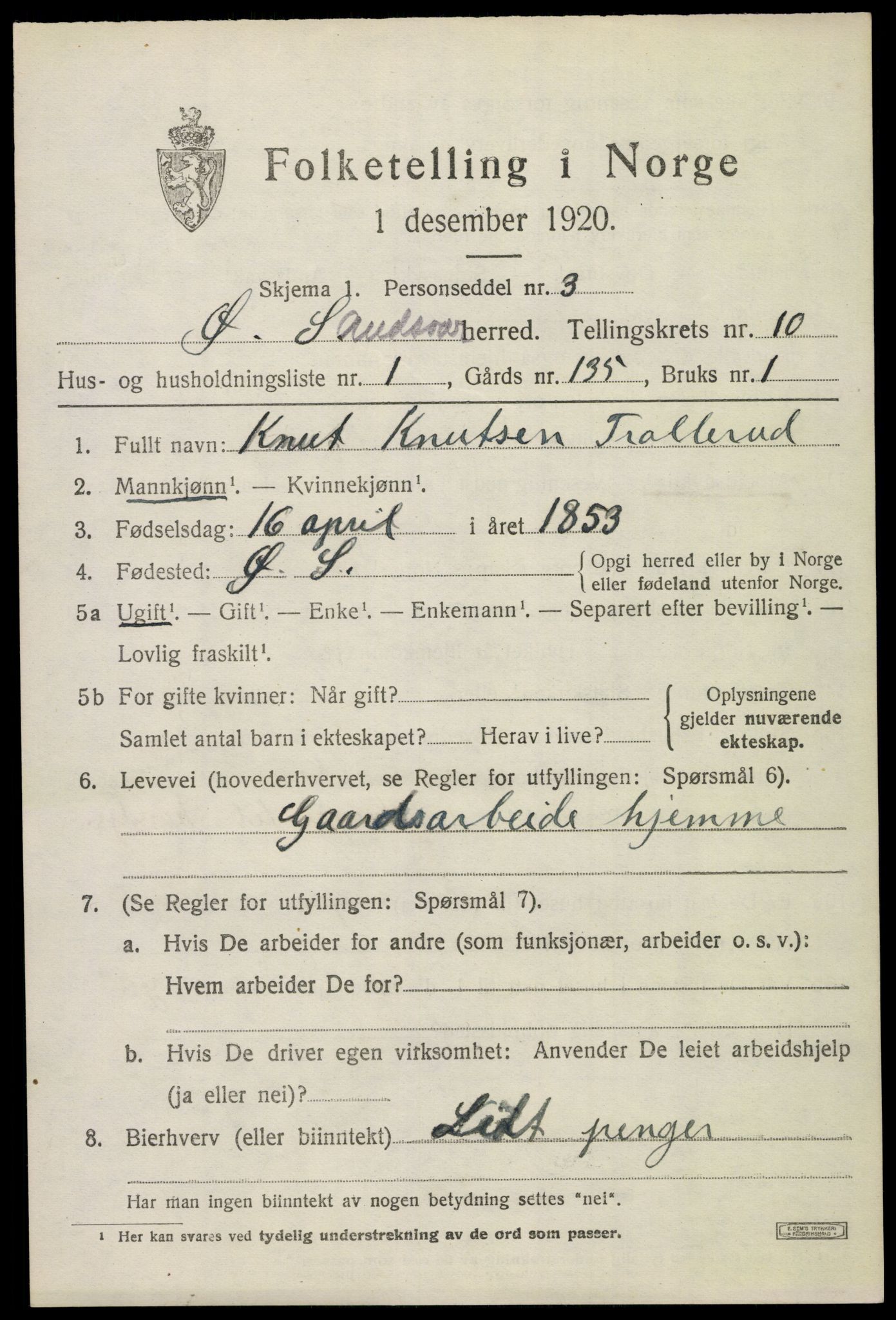 SAKO, 1920 census for Øvre Sandsvær, 1920, p. 5584