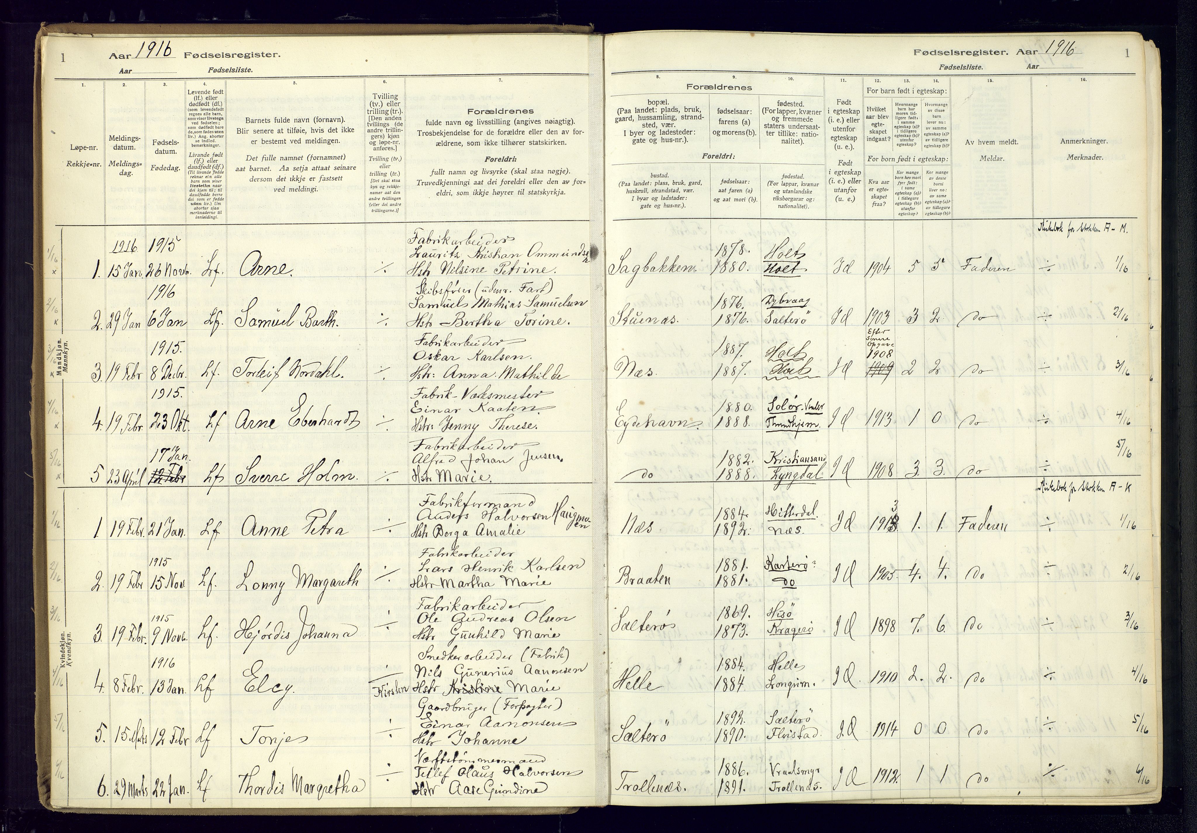 Austre Moland sokneprestkontor, SAK/1111-0001/J/Ja/L0003: Birth register no. A-VI-27, 1916-1950, p. 1