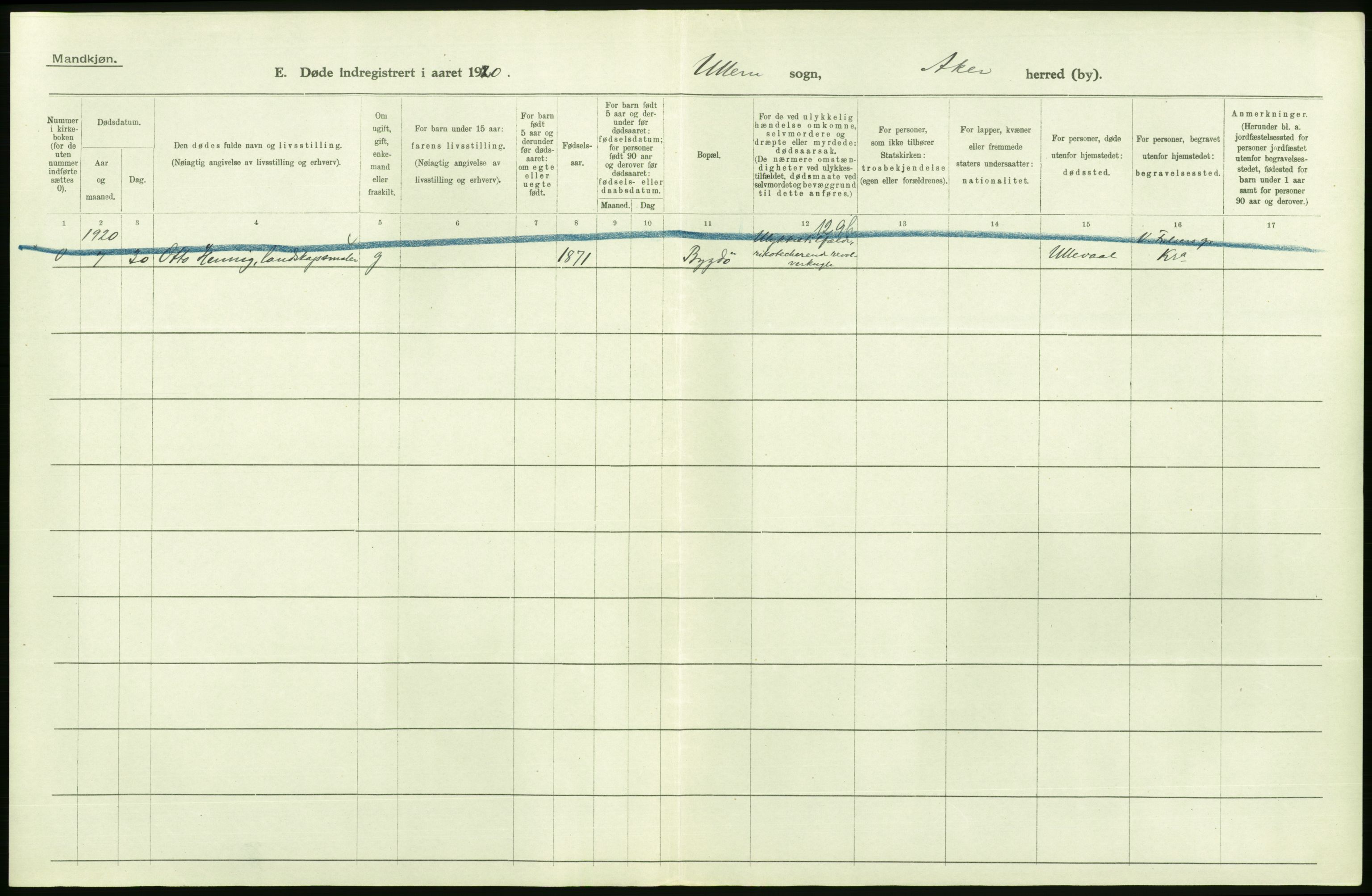 Statistisk sentralbyrå, Sosiodemografiske emner, Befolkning, AV/RA-S-2228/D/Df/Dfb/Dfbj/L0007: Akershus fylke: Døde. Bygder og byer., 1920, p. 44