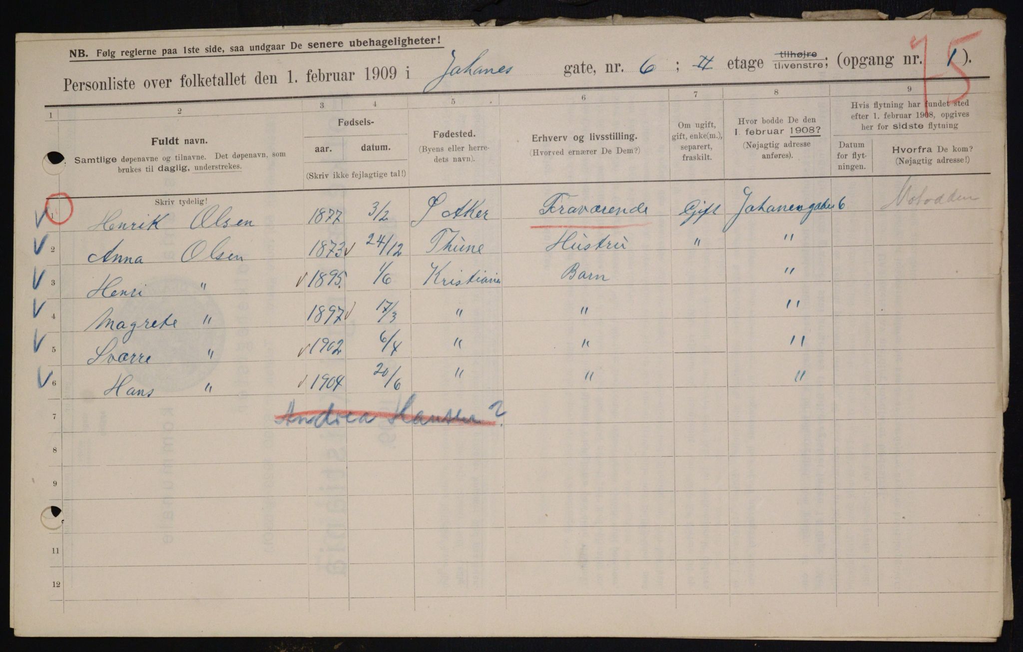 OBA, Municipal Census 1909 for Kristiania, 1909, p. 43095