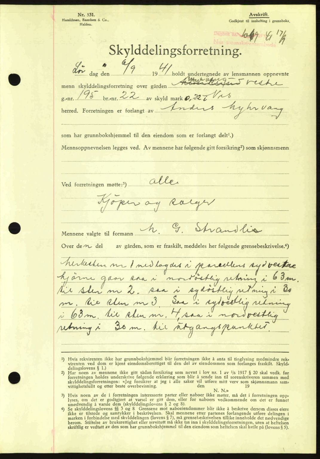 Nes tingrett, AV/SAO-A-10548/G/Gb/Gbb/L0012: Mortgage book no. 56, 1941-1942, Diary no: : 1069/1941